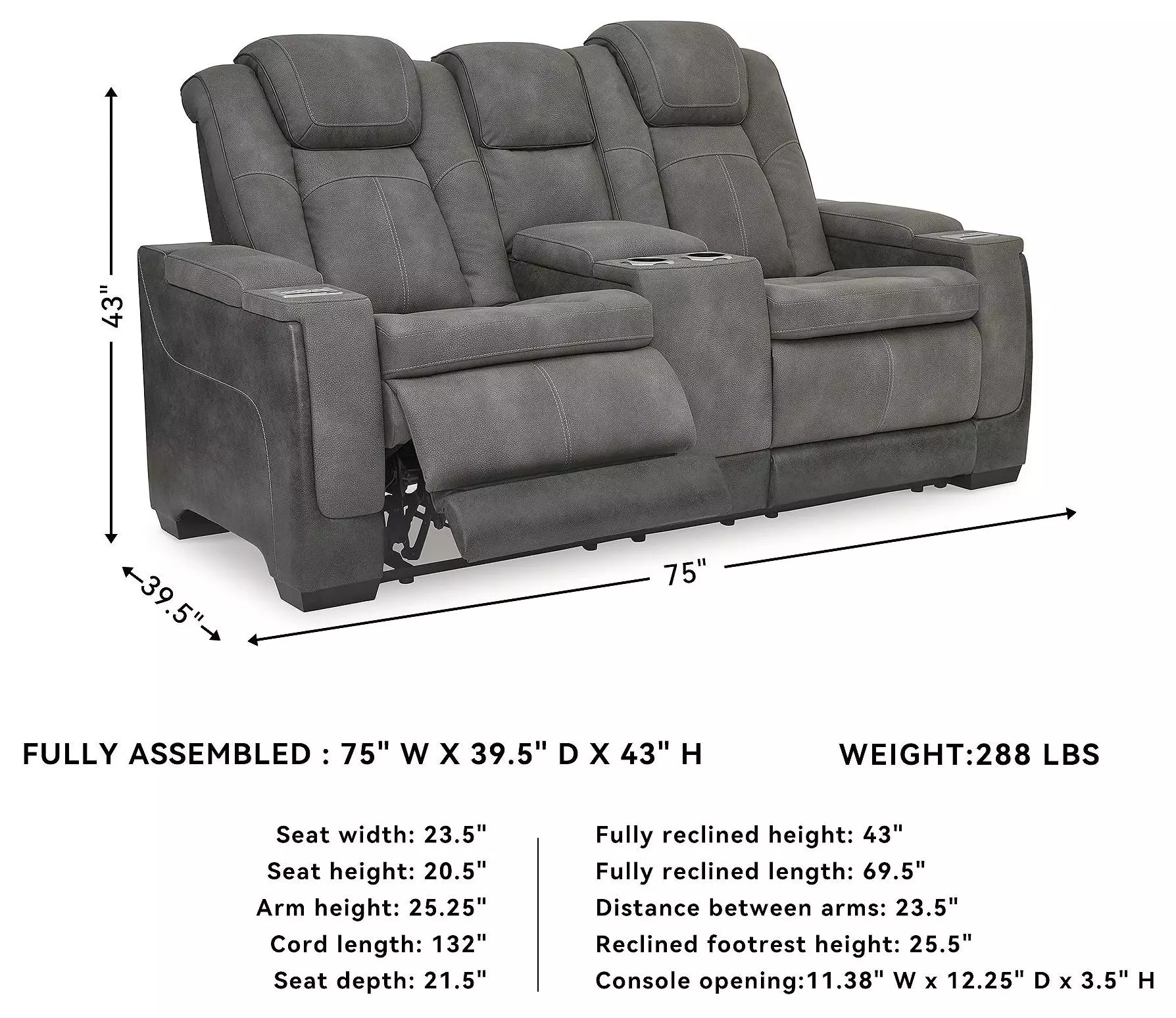 Next-Gen DuraPella Slate Performance Fabric 75" Power Reclining Console Loveseat With Adjustable Headrest