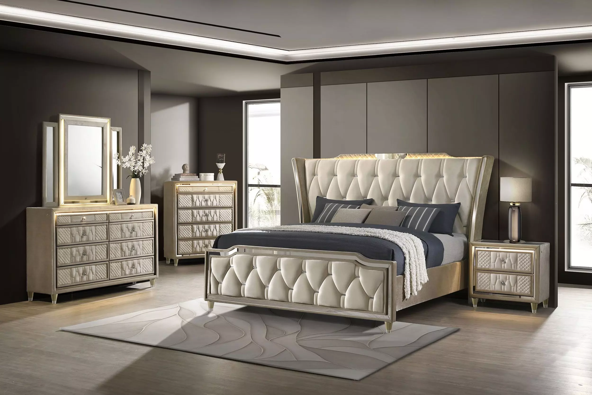 Lorient Ivory and Camel Queen Upholstered Panel Bed with LED Light