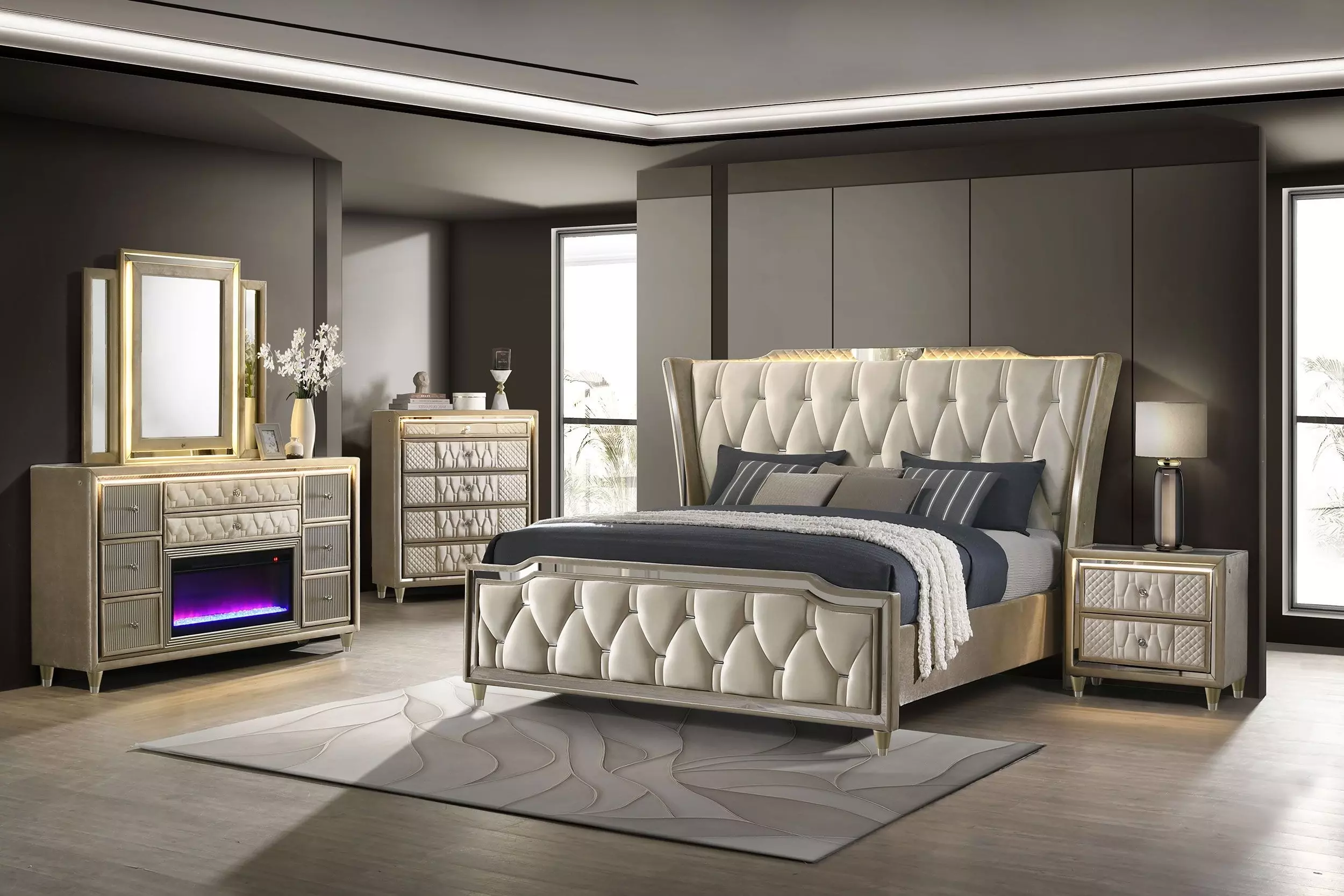 Lorient Ivory and Camel Queen Upholstered Panel Bed with LED Light
