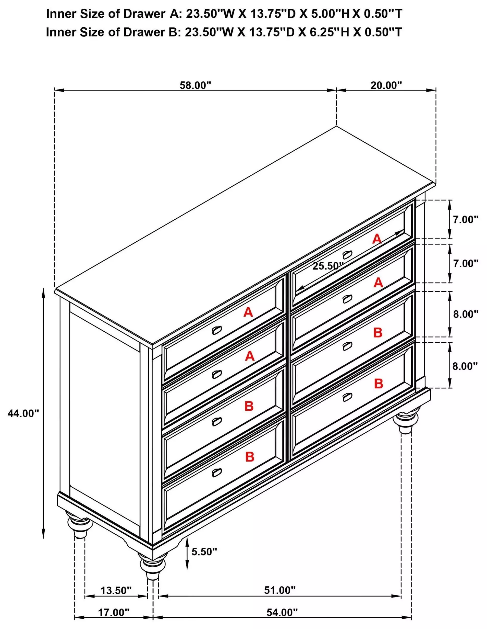 Andover Dark Oak 8 Drawer Dresser