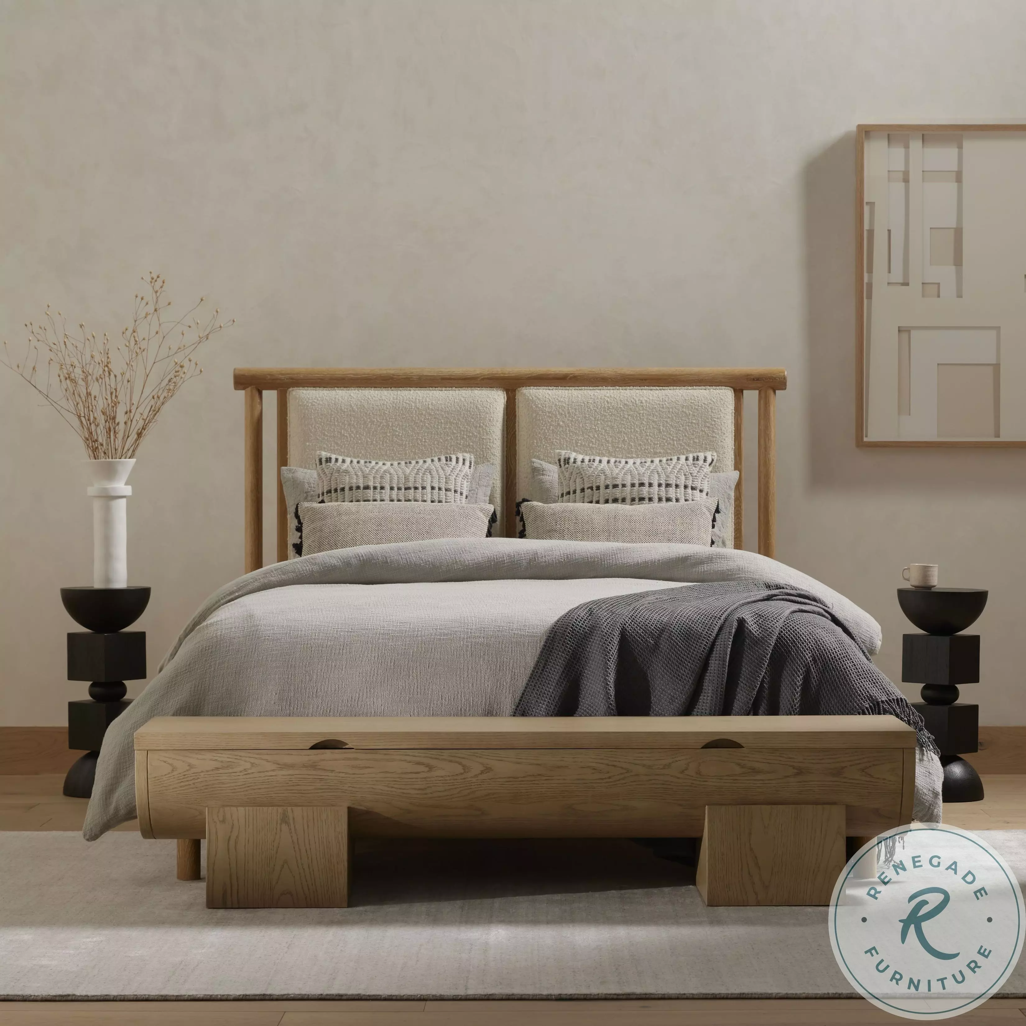 Montana Whitewashed Oak And Altro Snow King Upholstered Panel Bed