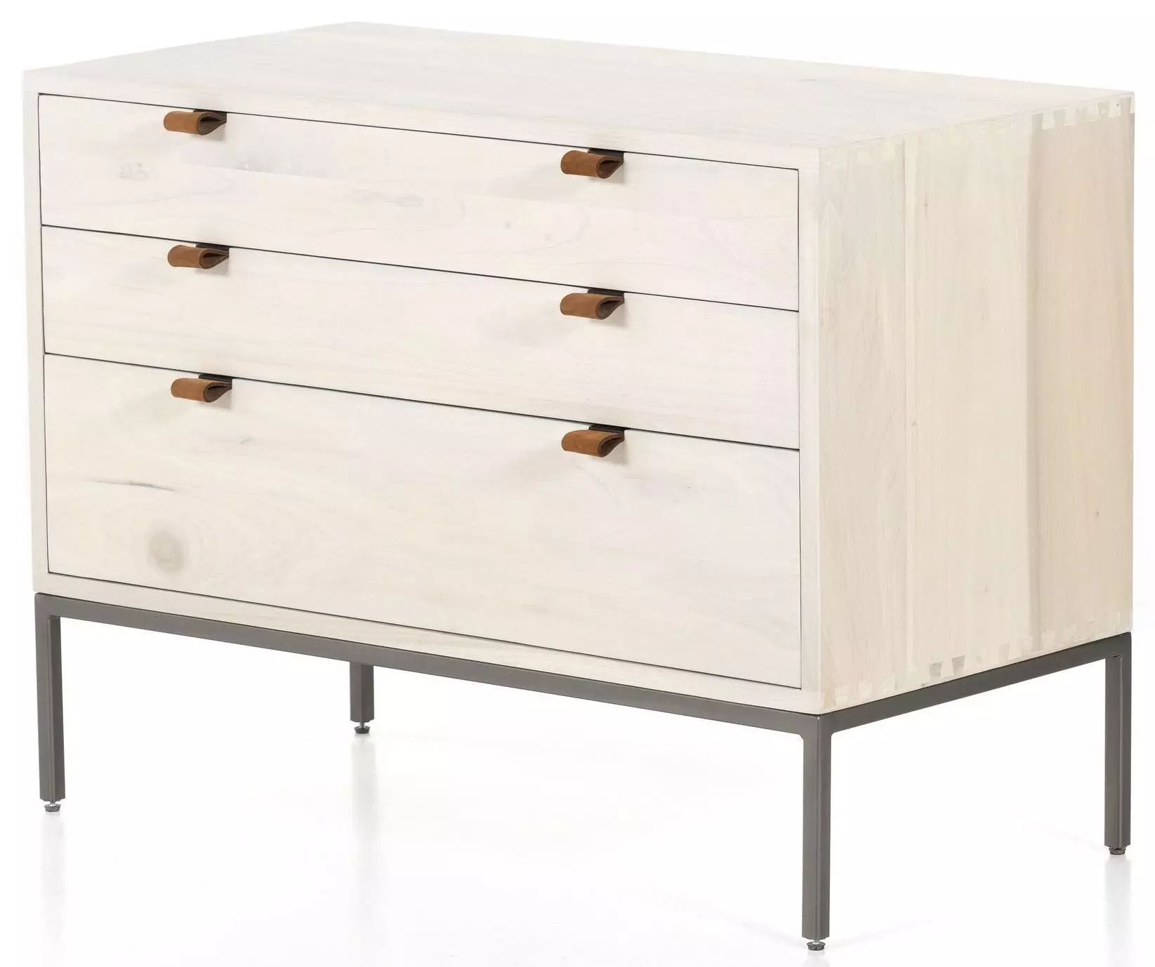 Theodore Industrial Loft Dove Wood Grey Iron Leather Pulls 3 Drawer Wide Nightstand