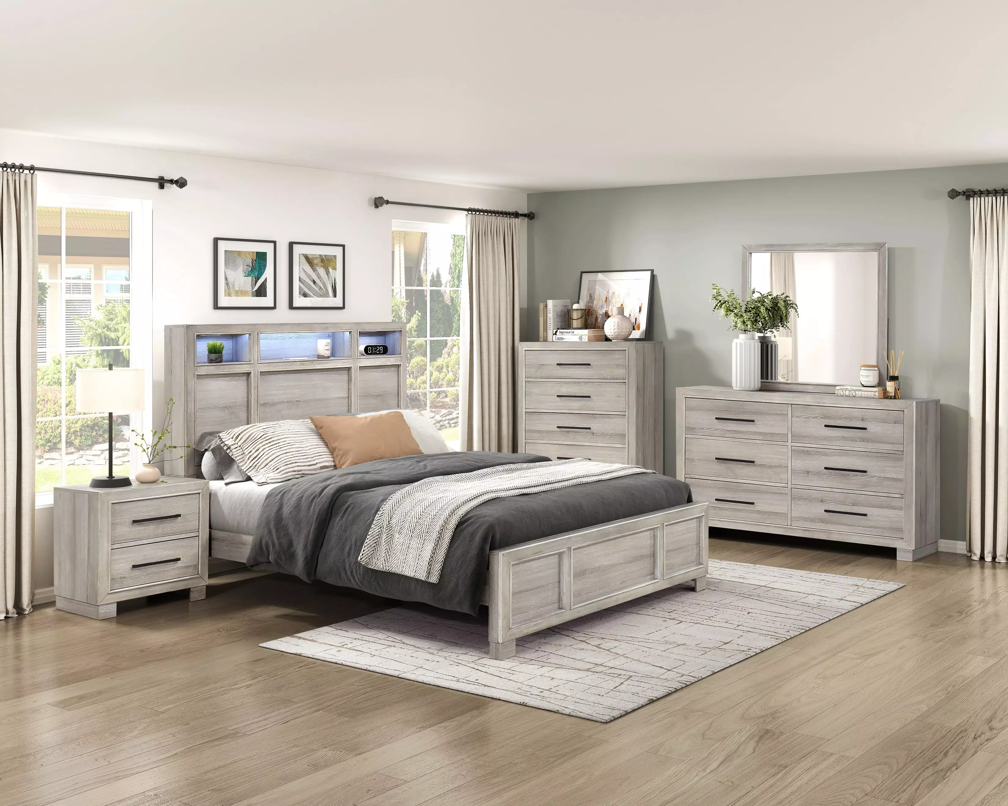 EAST BOY 寝具３点セット　シングル　グレー Everett Melamine Gray Storage Panel Bedroom Set From Homelegance