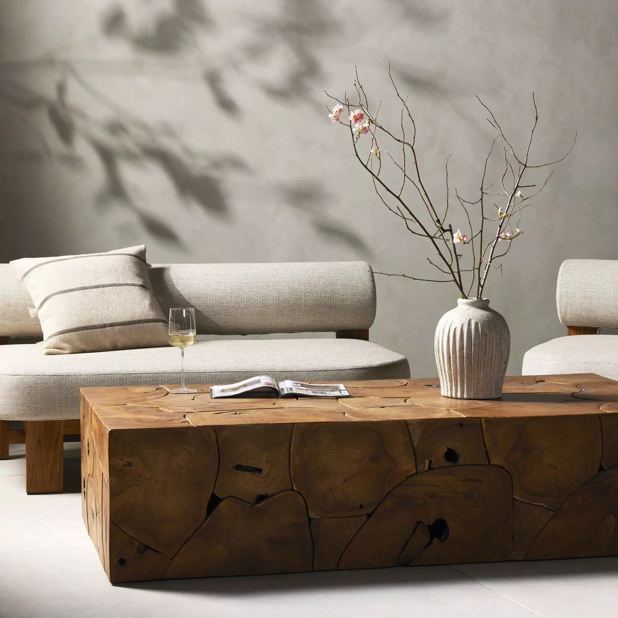 Thorn Mid Century Modern Natural Teak Rectangular Block Outdoor Coffee Table