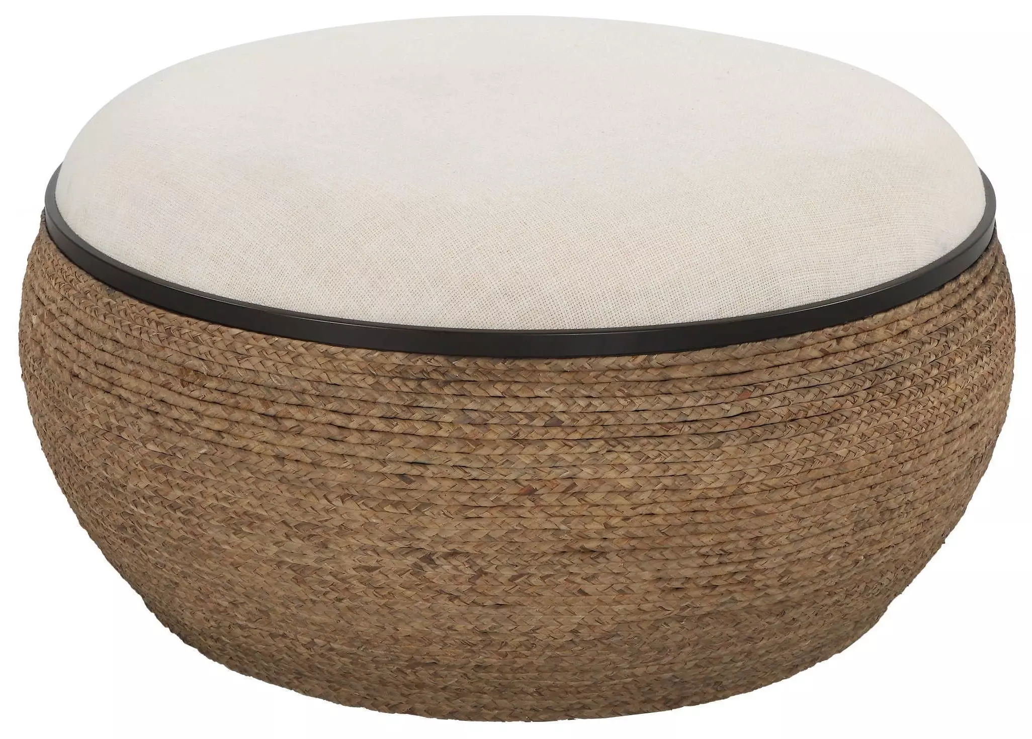 23734 36 in. Island Straw Storage Ottoman & Coffee Table, Matte Black & Beige