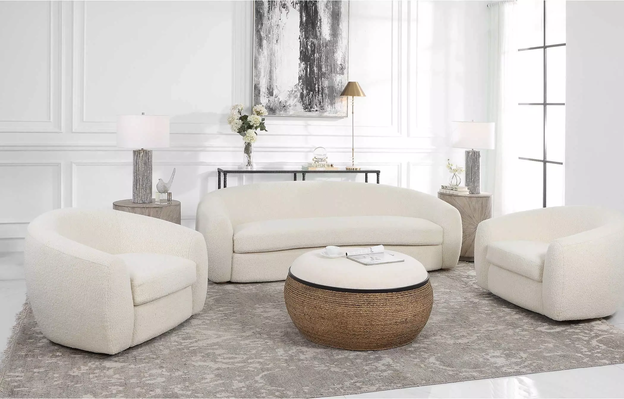 Uttermost 23746 Capra Off White Faux Shearling and Natural Oak Sofa