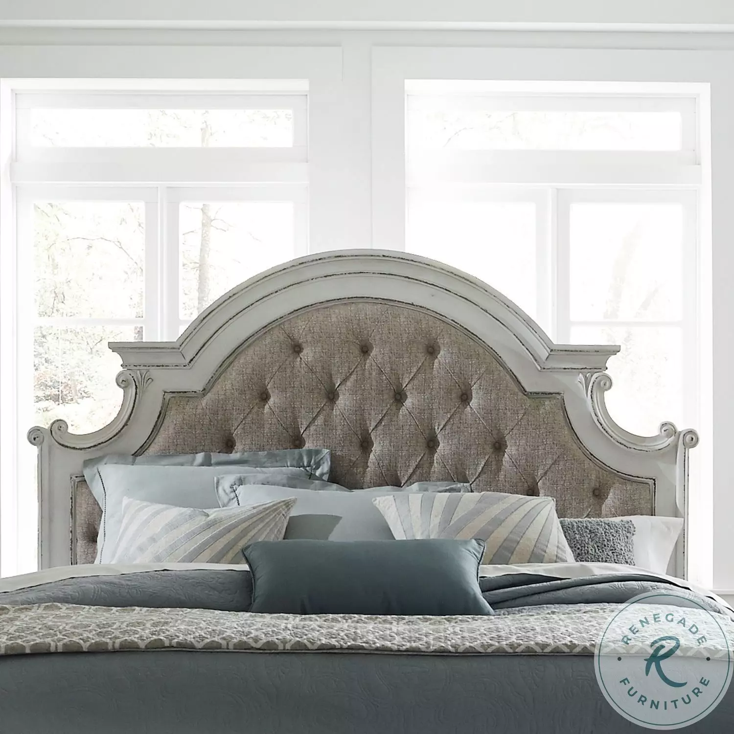 Magnolia Manor Antique White King Upholstered Panel Bed from