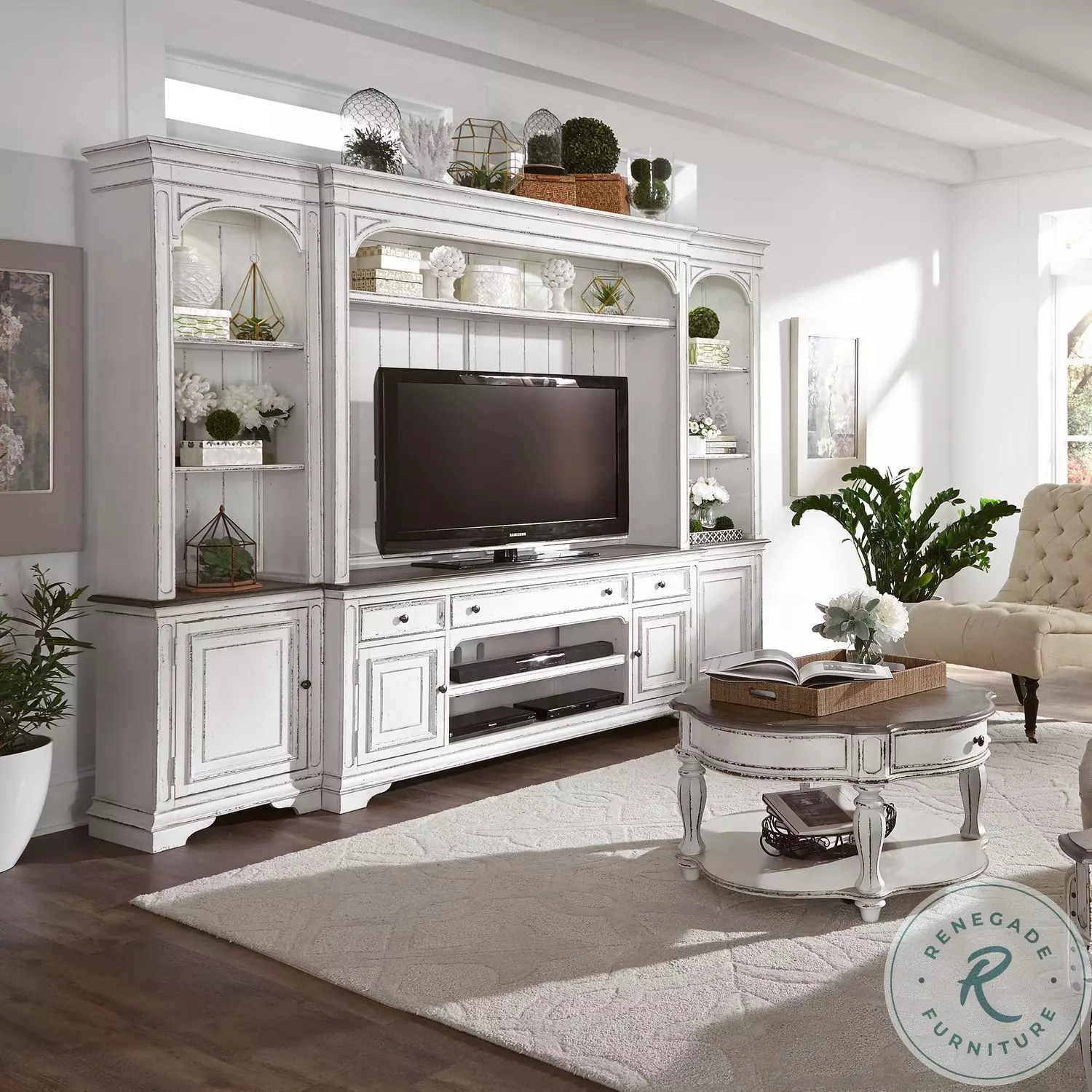 Camellia Manor Antique White And Weathered Bark Entertainment Wall