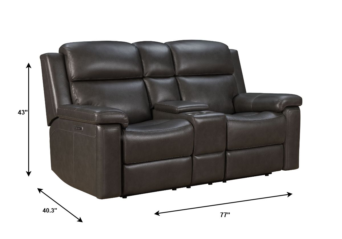 Leon Matteo Smokey Gray Leather 77" Triple Power Reclining Console Loveseat with USB Charging