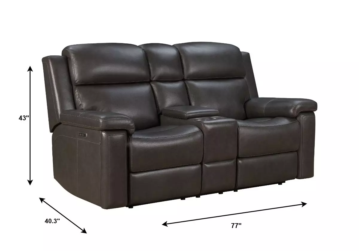 Leon Matteo Smokey Gray Leather 77" Triple Power Reclining Console Loveseat with USB Charging