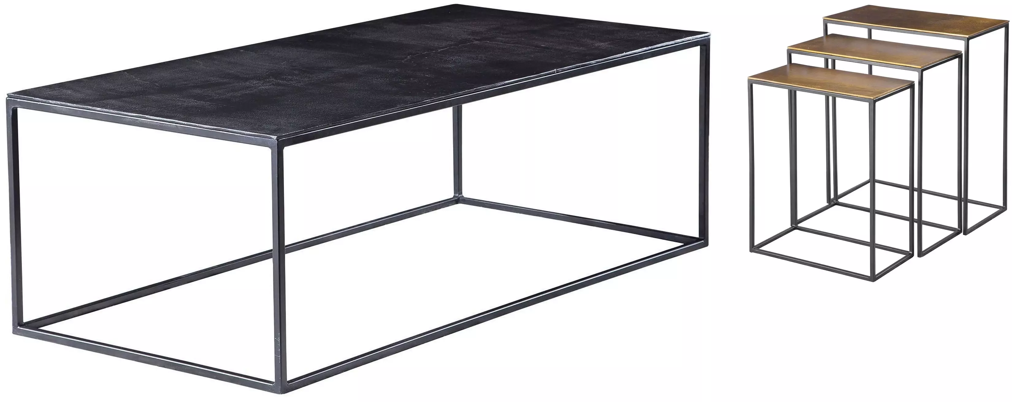 Cora Industrial Black Iron Frame Black Aluminum Top Rectangular Coffee Table