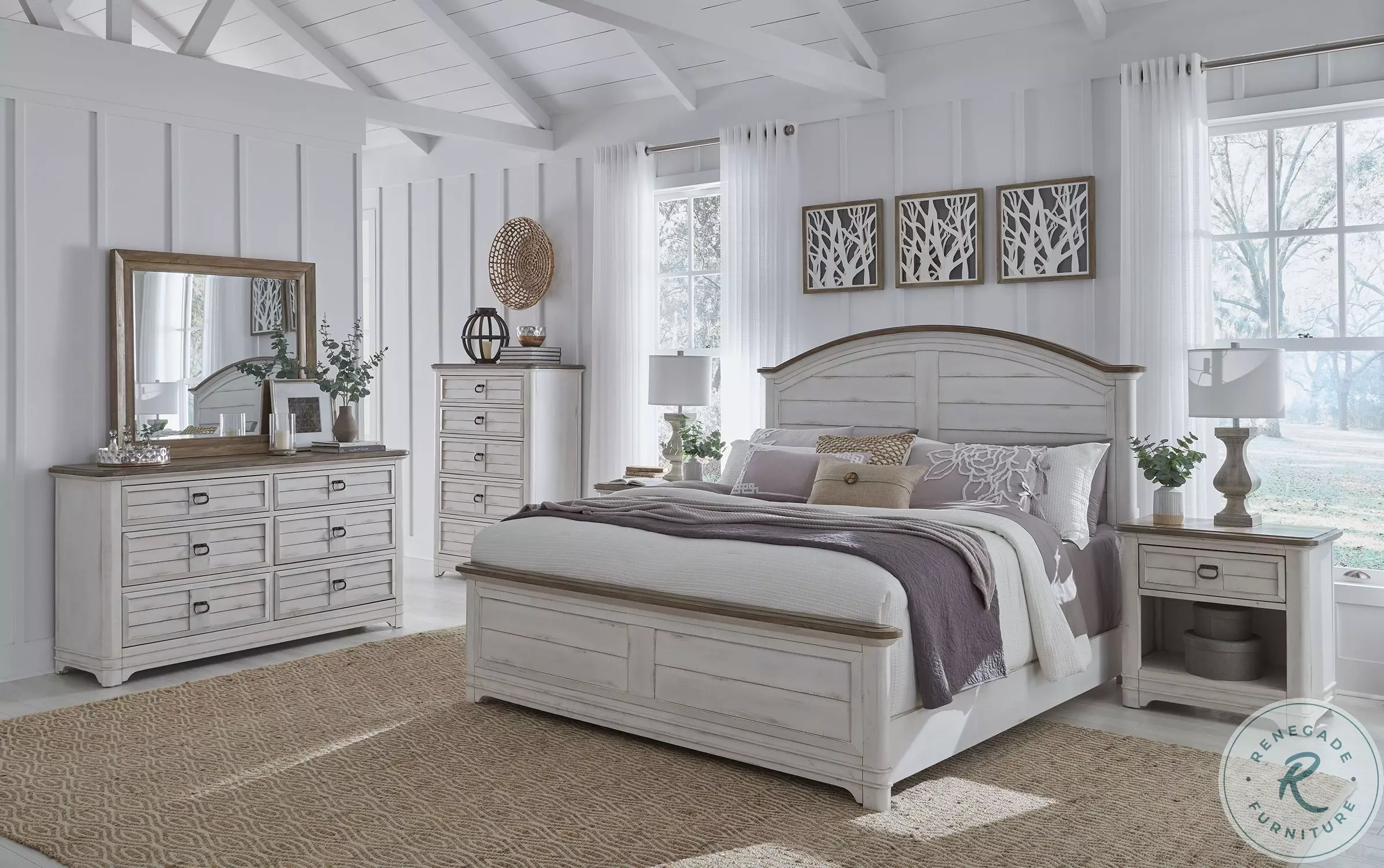 Meadowbrook Whitewash And Sand Top Arched Panel Bedroom Set