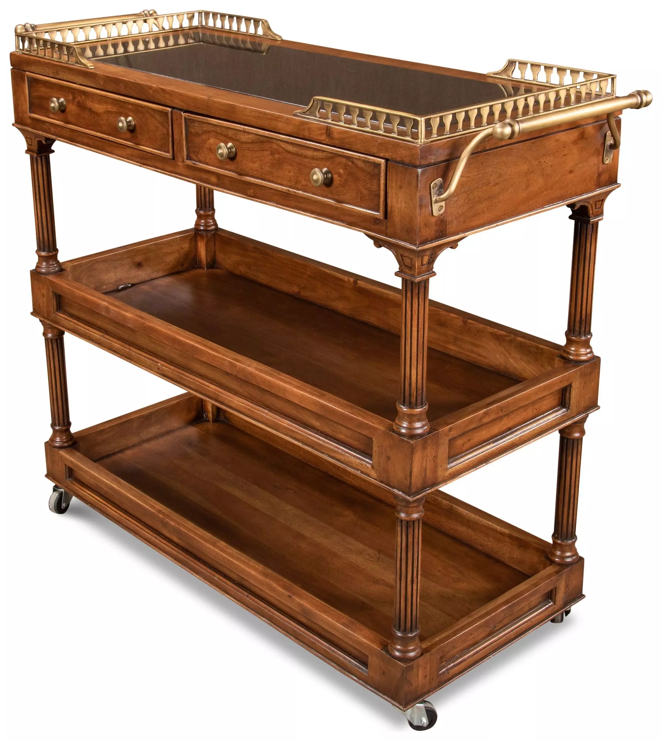 Quinn Updated Traditional Black Granite Brown Walnut Bar Cart
