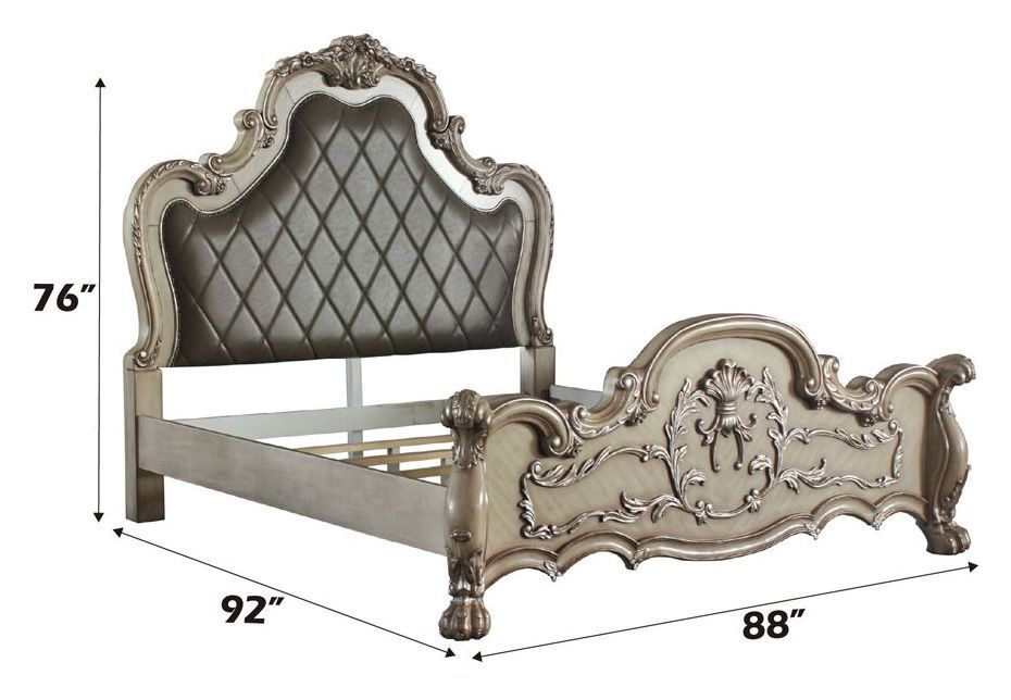 Dresden Vintage Bone White and Gray King Upholstered Panel Bed with Nailhead Trim