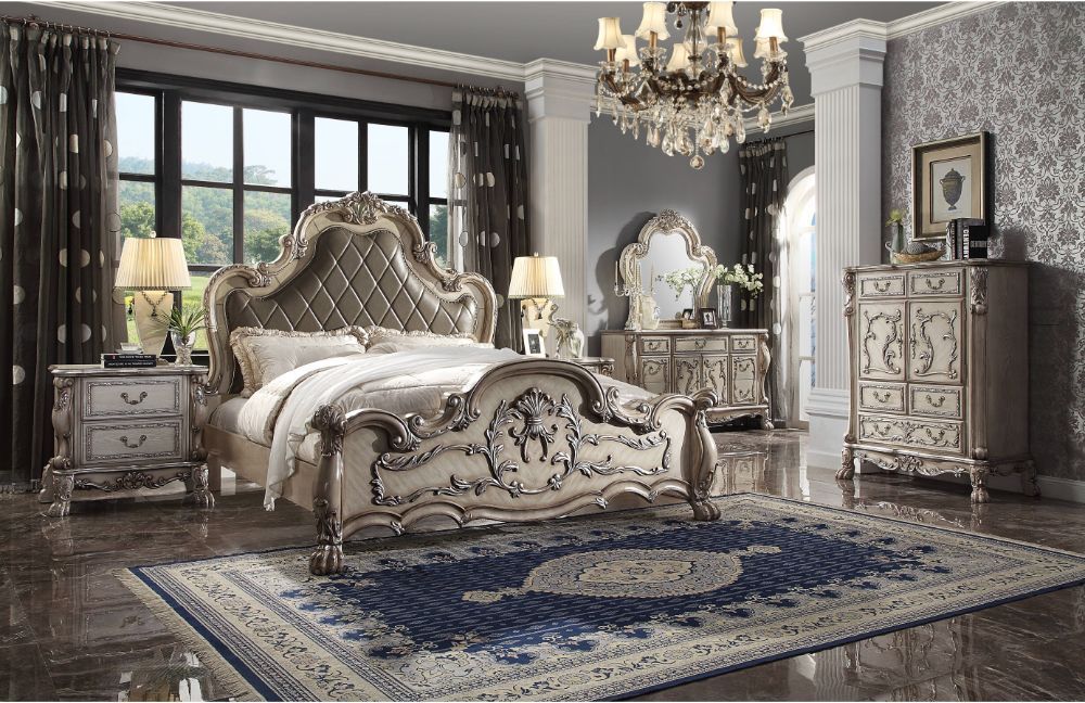 Dresden Vintage Bone White and Gray Upholstered Panel Bedroom Set