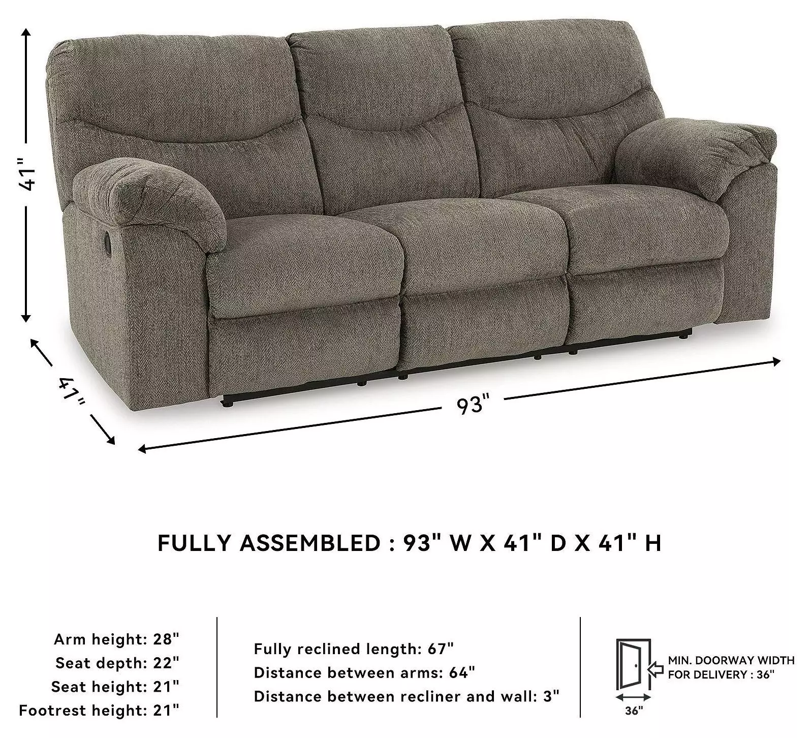 Alphons Putty 93" Reclining Sofa