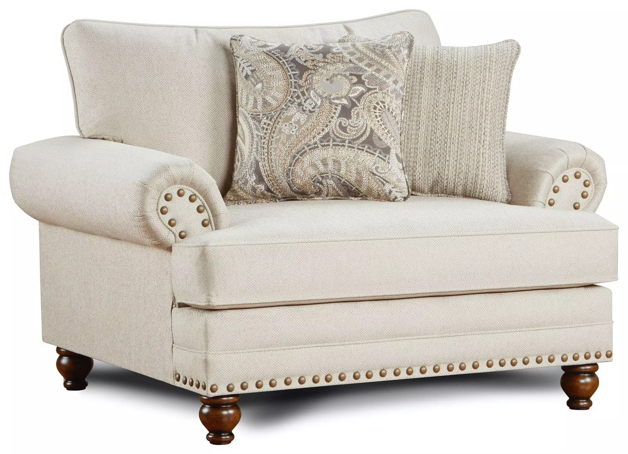 Cary's Doe Beige Upholstered Accent Chair with Nailhead Trim and