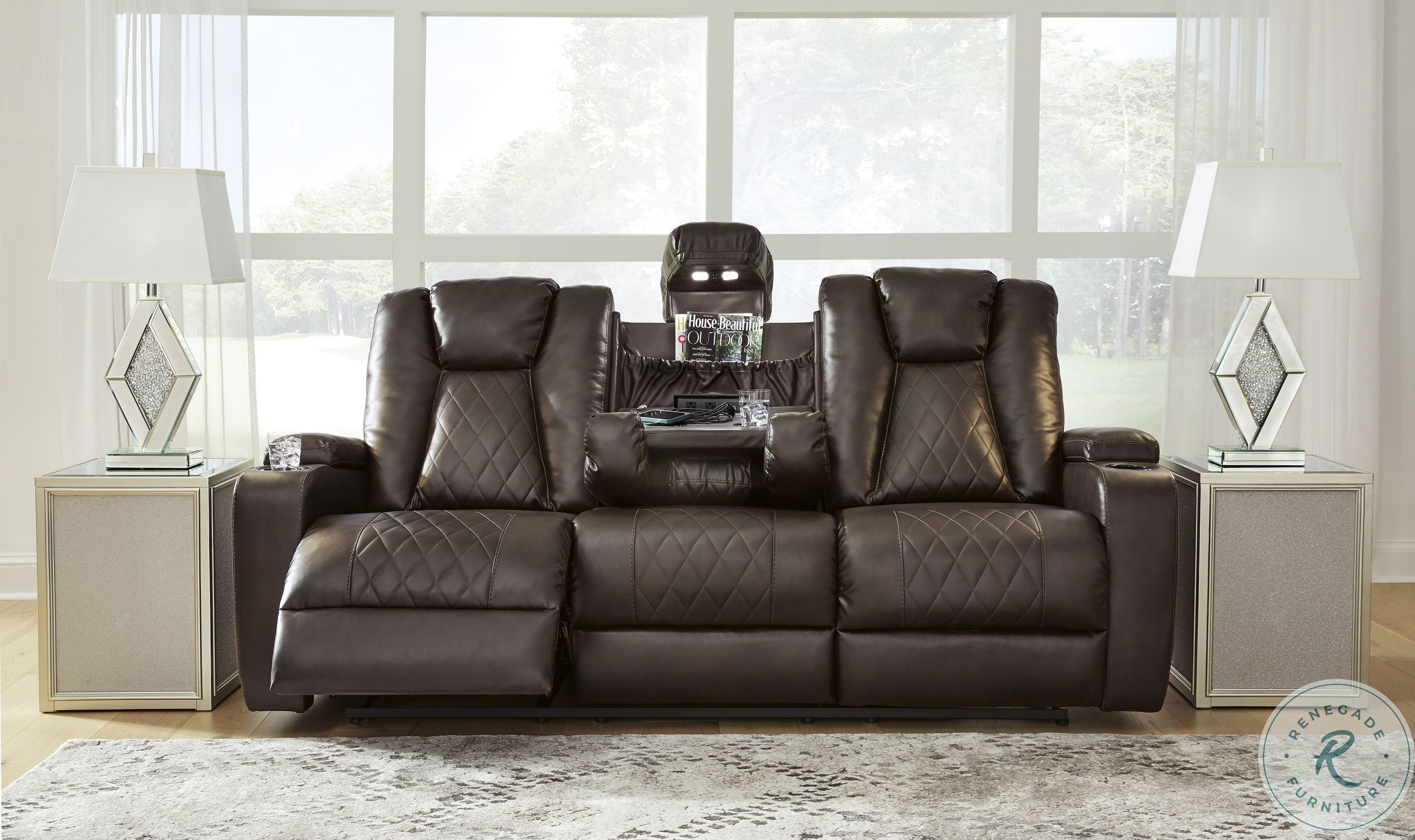 Mancin Chocolate Reclining Sofa with Drop Down Table From Ashley