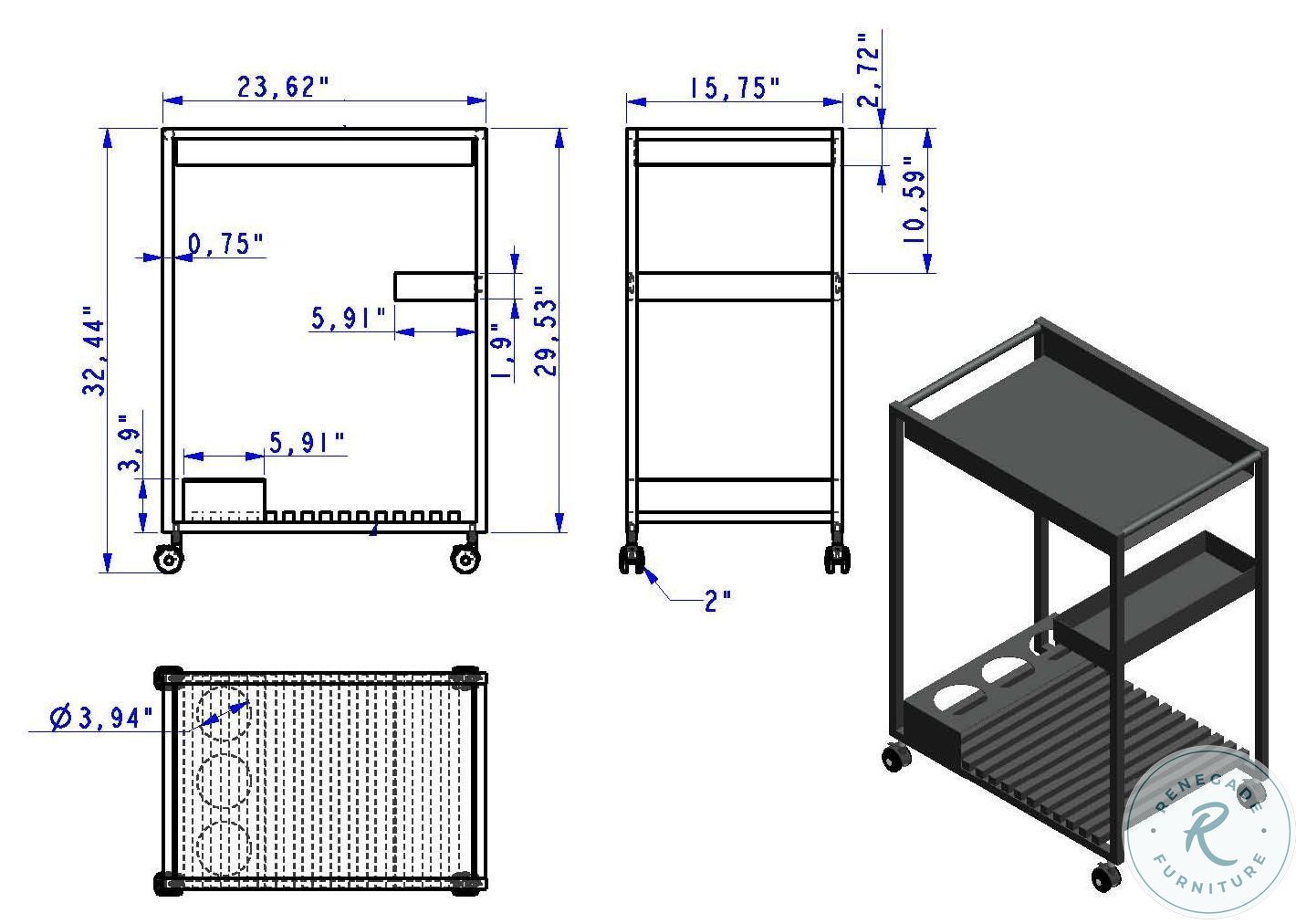 3030 Polished Stainless Steel Tea Cart