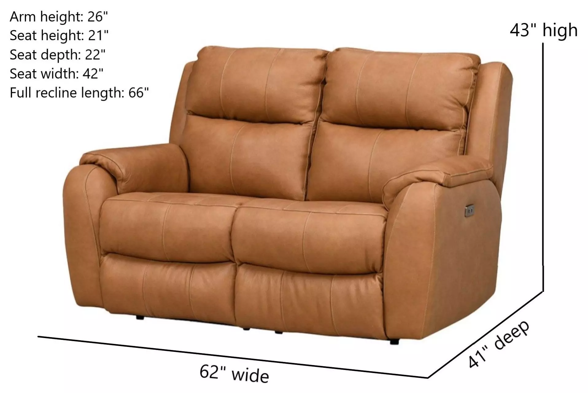 Marquis Caramel Leather 62" Power Reclining Loveseat with Power Headrest and USB Charging