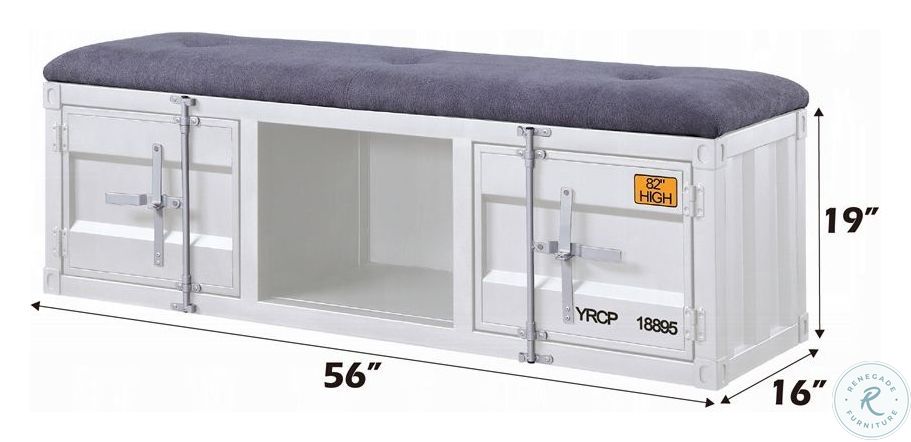 Cargo Gray Fabric and White 56" Upholstered Bench with Storage