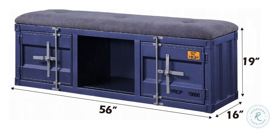 Cargo Gray Fabric and Blue 56" Upholstered Bench with Storage