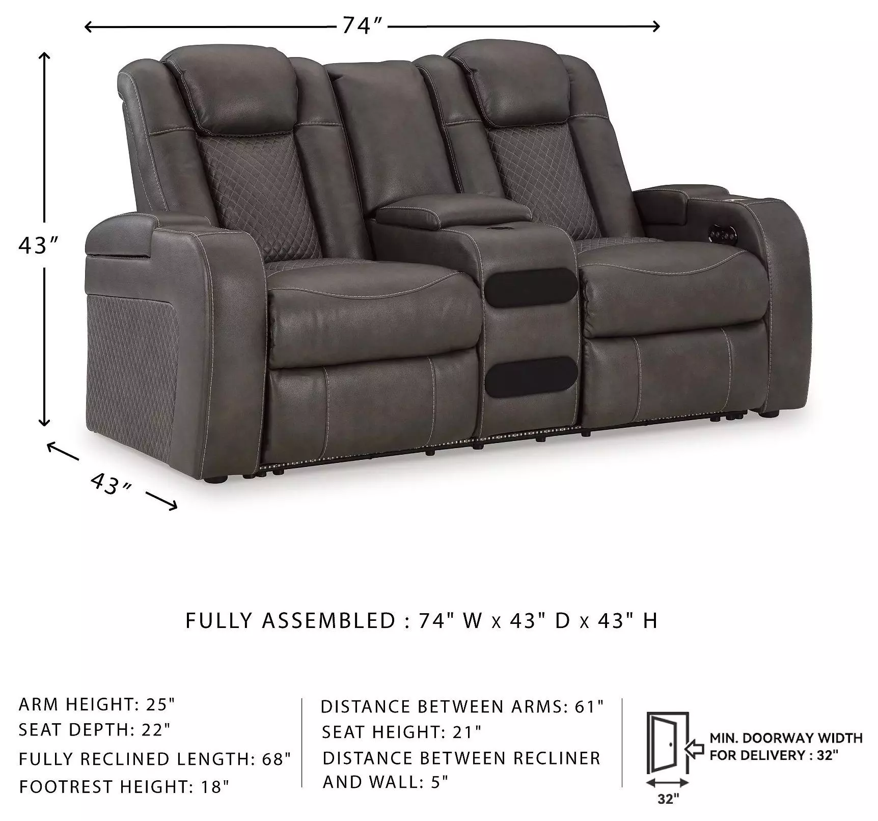 Fyne Dyme Shadow 74" Power Reclining Console Loveseat with Adjustable Headrest