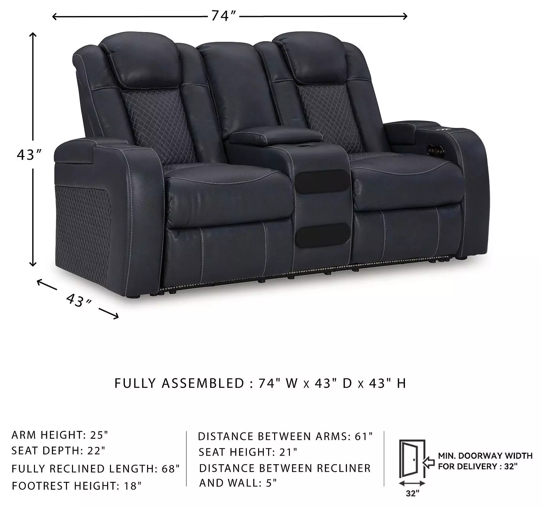 Fyne Dyme Sapphire 74" Power Reclining Console Loveseat with Adjustable Headrest