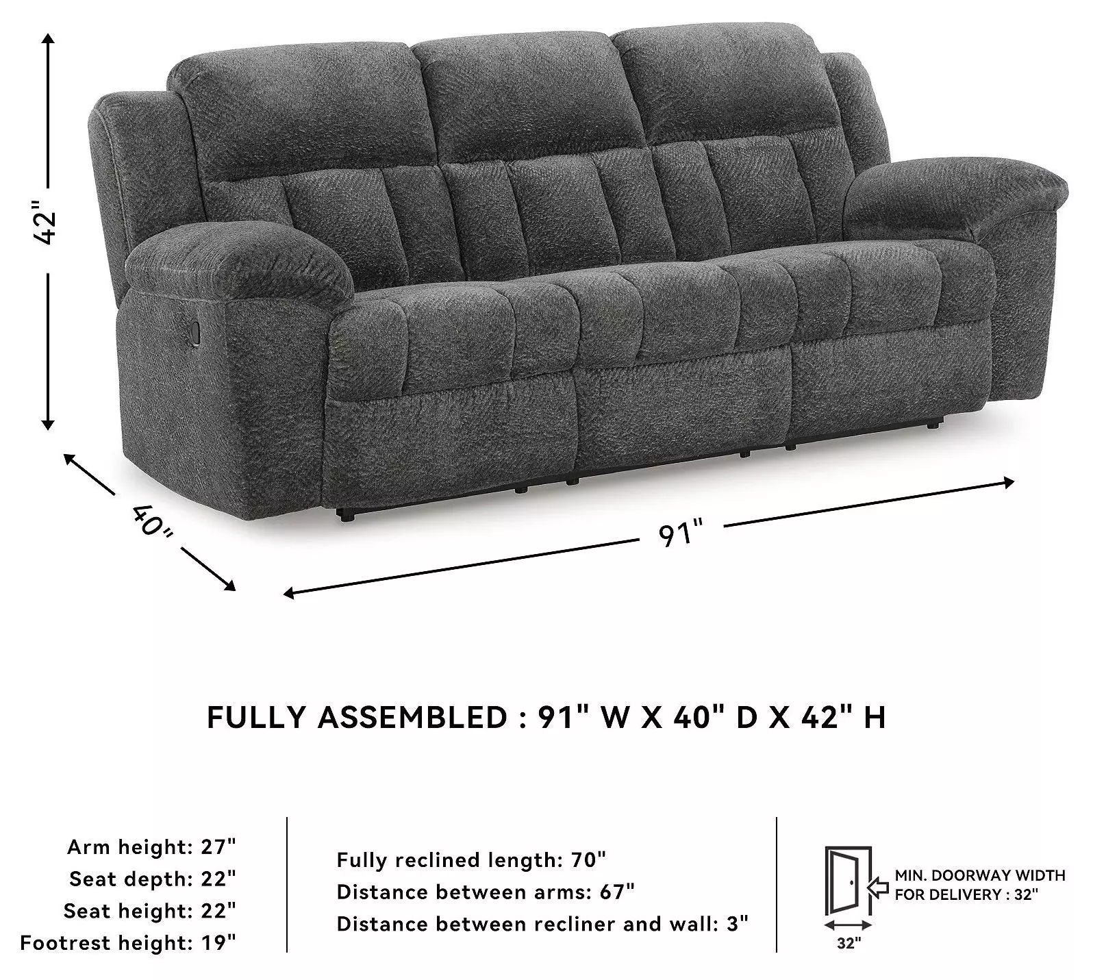 Frohn Graphite 91" Reclining Sofa