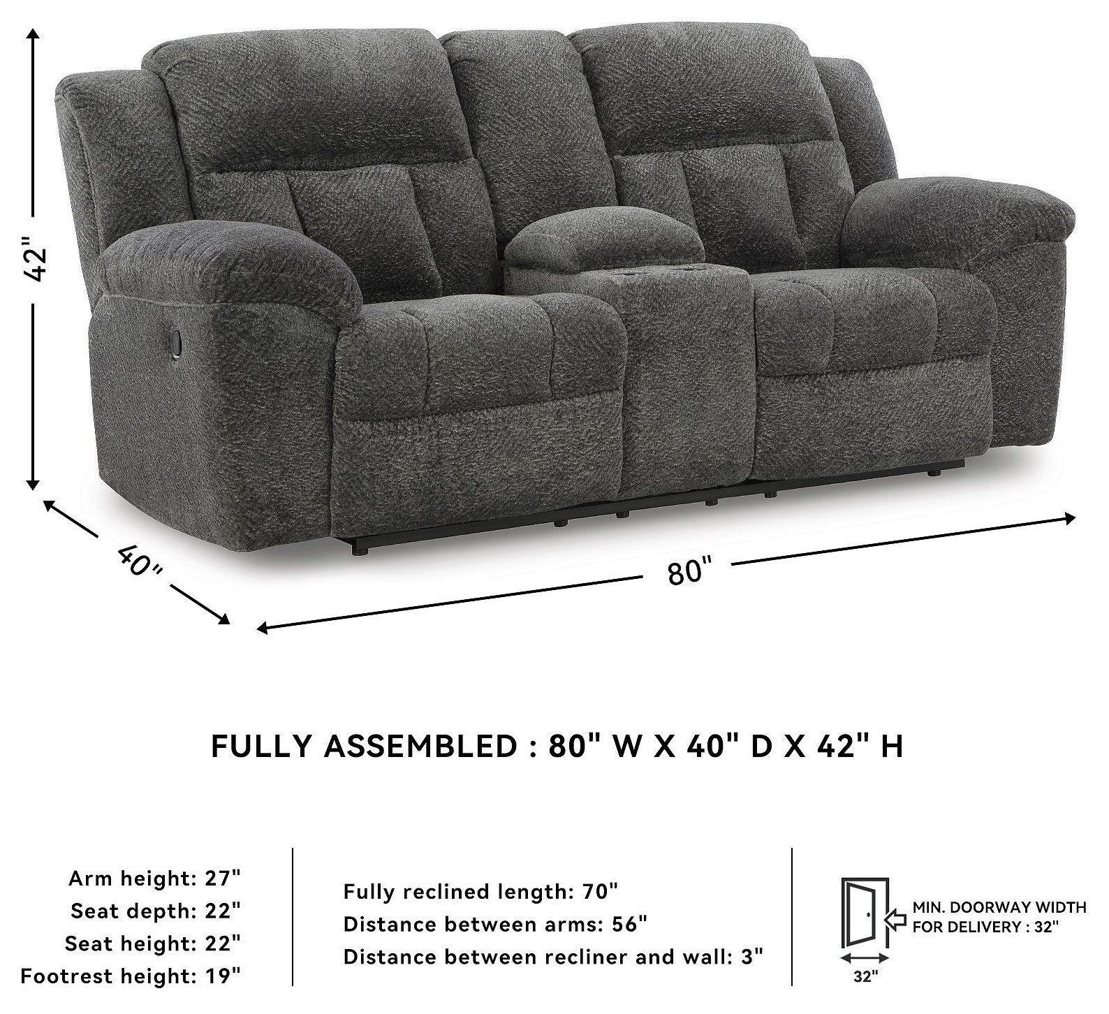 Frohn Graphite Double Reclining Console Loveseat