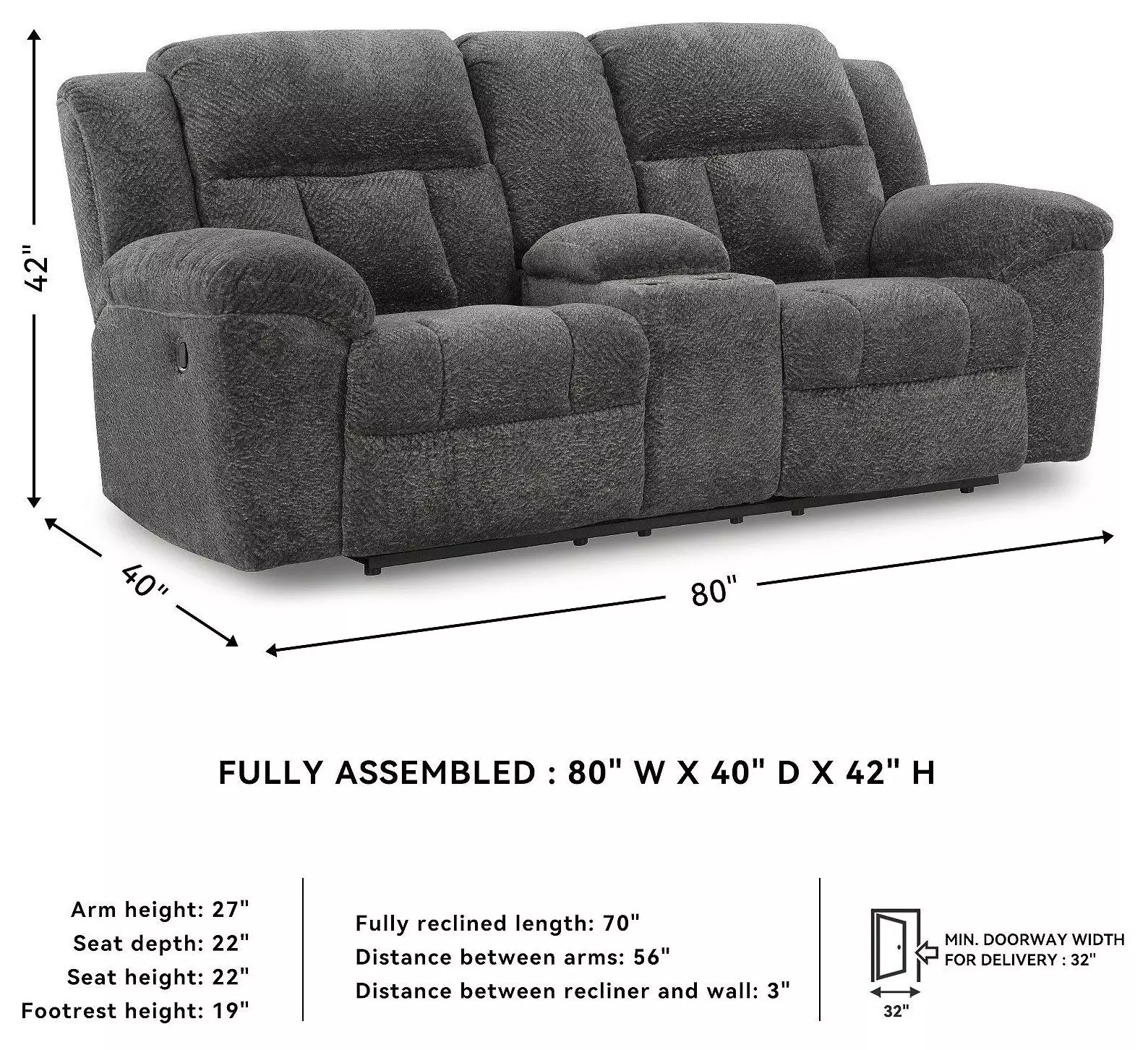 Frohn Graphite Double 80" Reclining Console Loveseat