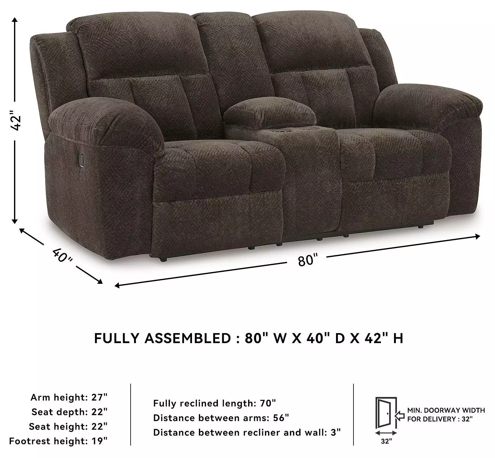 Frohn Chocolate Double 80" Reclining Console Loveseat