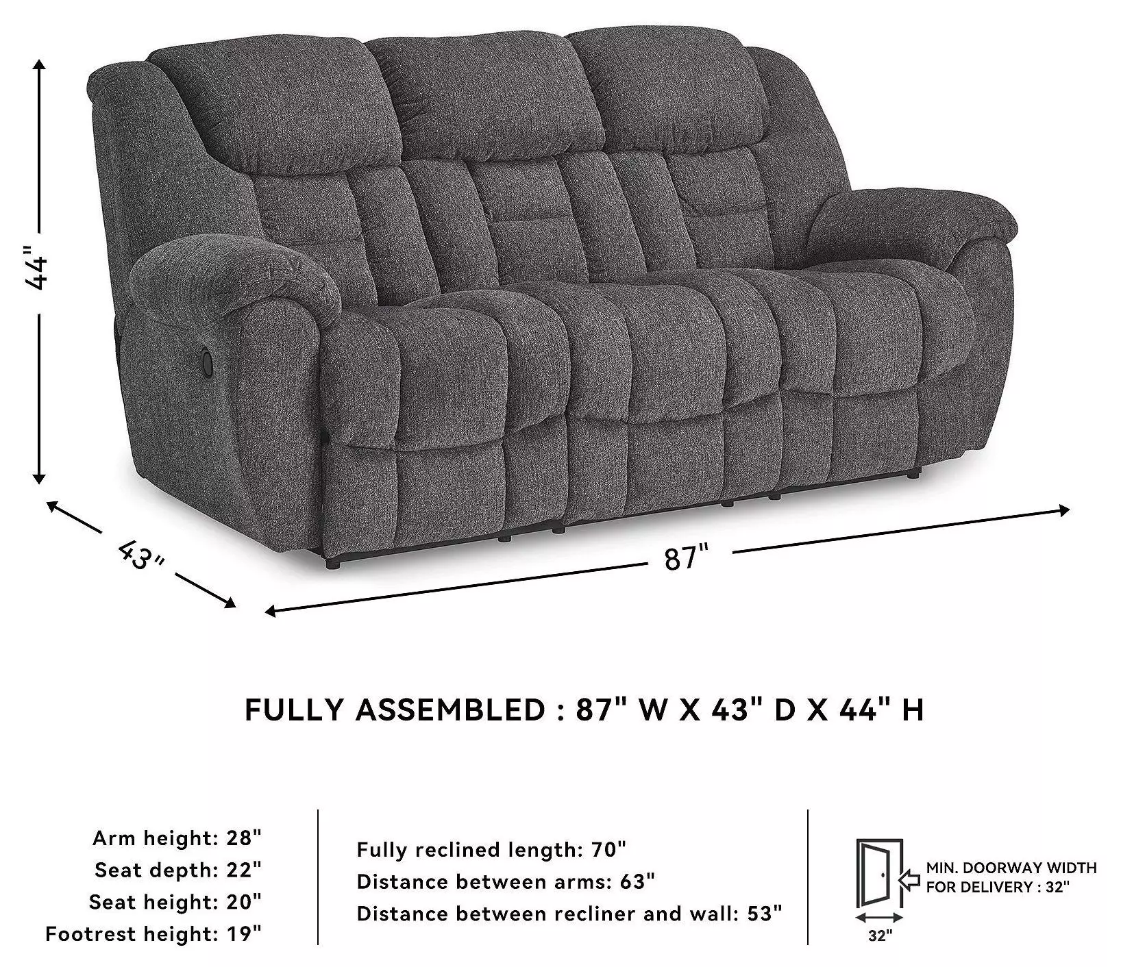 Foreside Charcoal Performance Fabric 97" Reclining Sofa