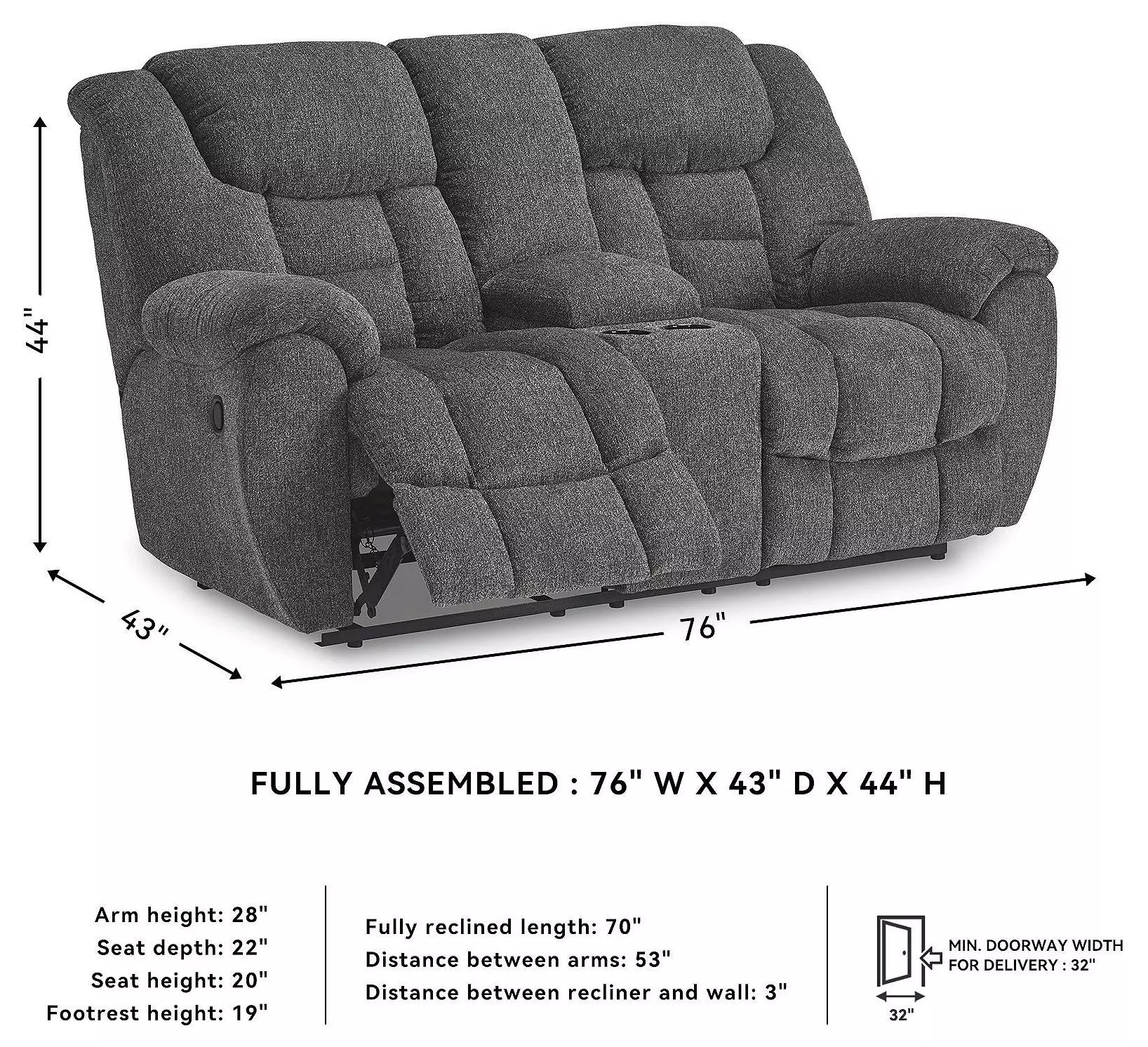 Foreside Charcoal Double Performance Fabric 76" Reclining Console Loveseat