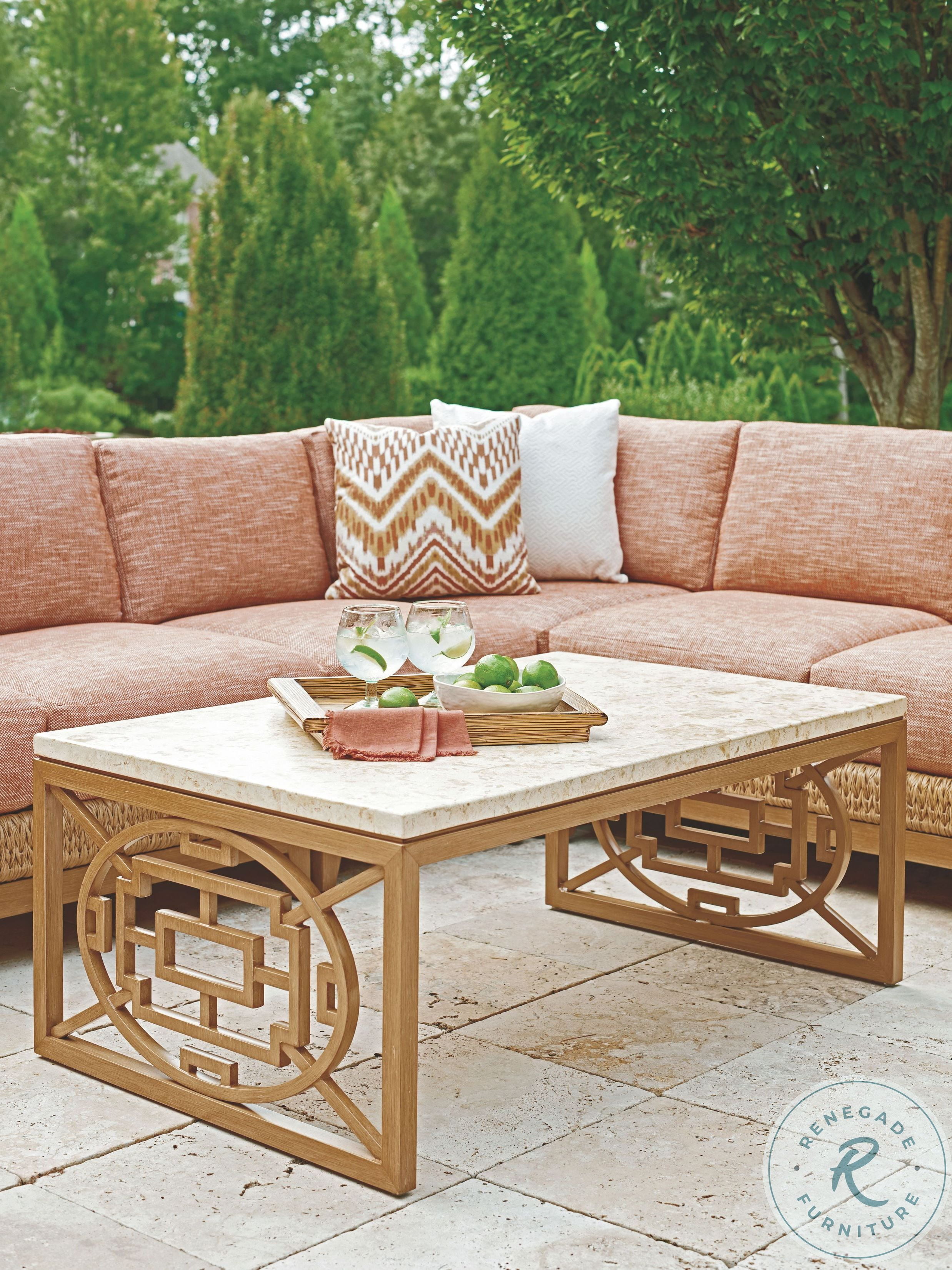 beachcroft beige outdoor living room set for sale on Misty Garden Beige Outdoor Rectangular Occasional Table Set From Tommy Bahama Coleman Furniture