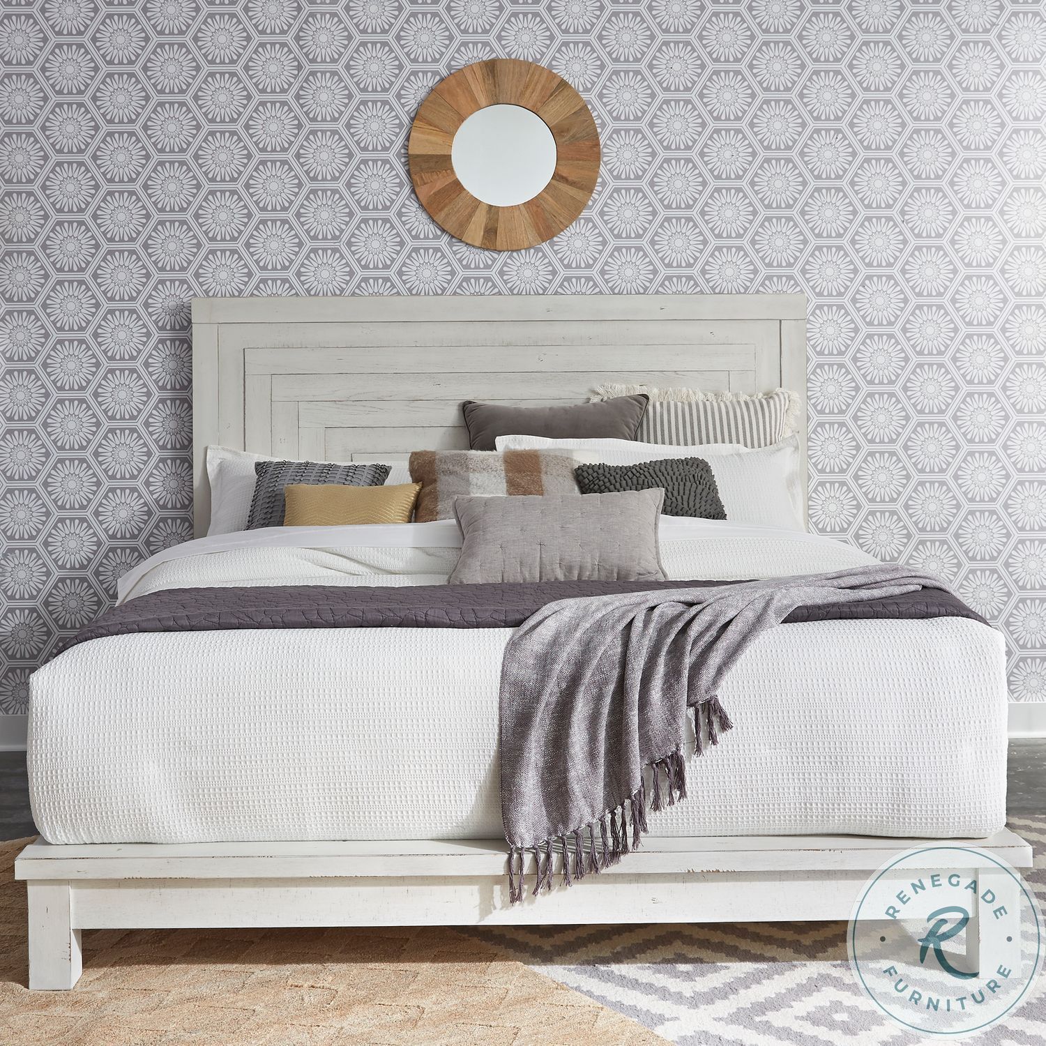 Modern Farmhouse Heavy Distressing White Queen Platform Bed from