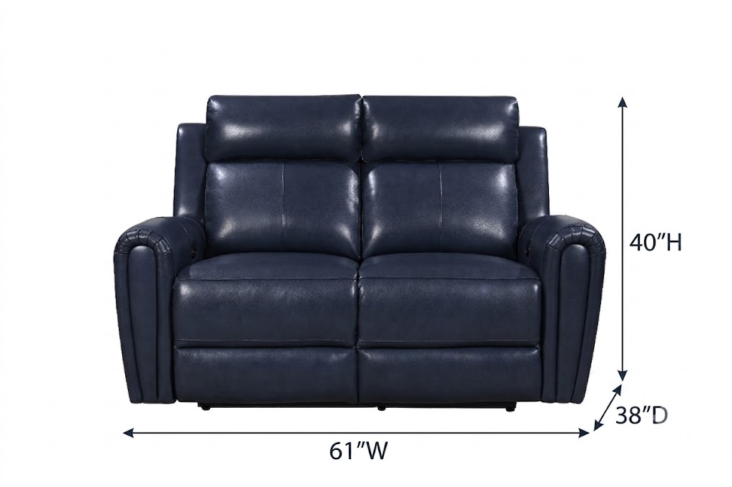 Jonathan Blue Leather 61" Lay Flat Power Reclining Loveseat with Power Headrest and USB Charging