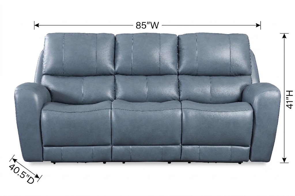 Bel Air Persian Blue Leather 85" Lay Flat Power Reclining Sofa with Power Headrest and USB Charging