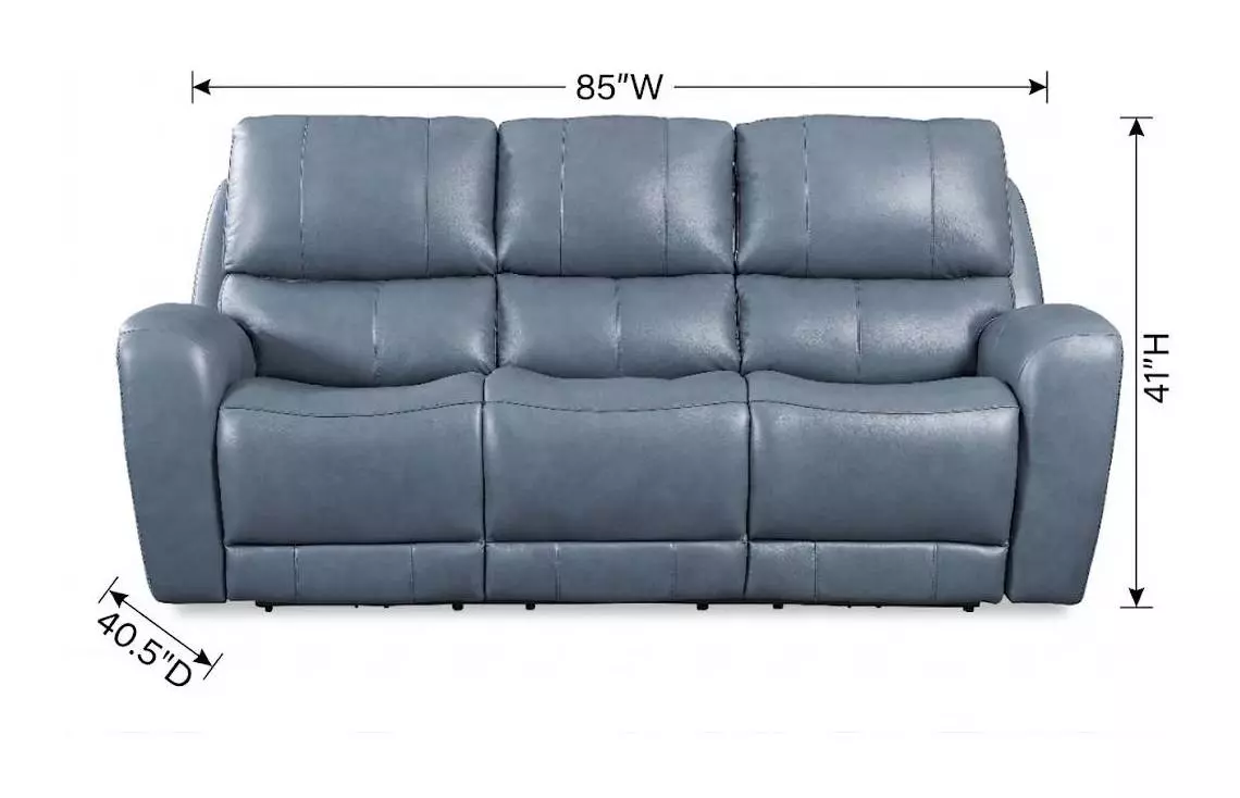 BelleAvenue Persian Blue Leather 85" Lay Flat Power Reclining Sofa with Power Headrest and USB Charging