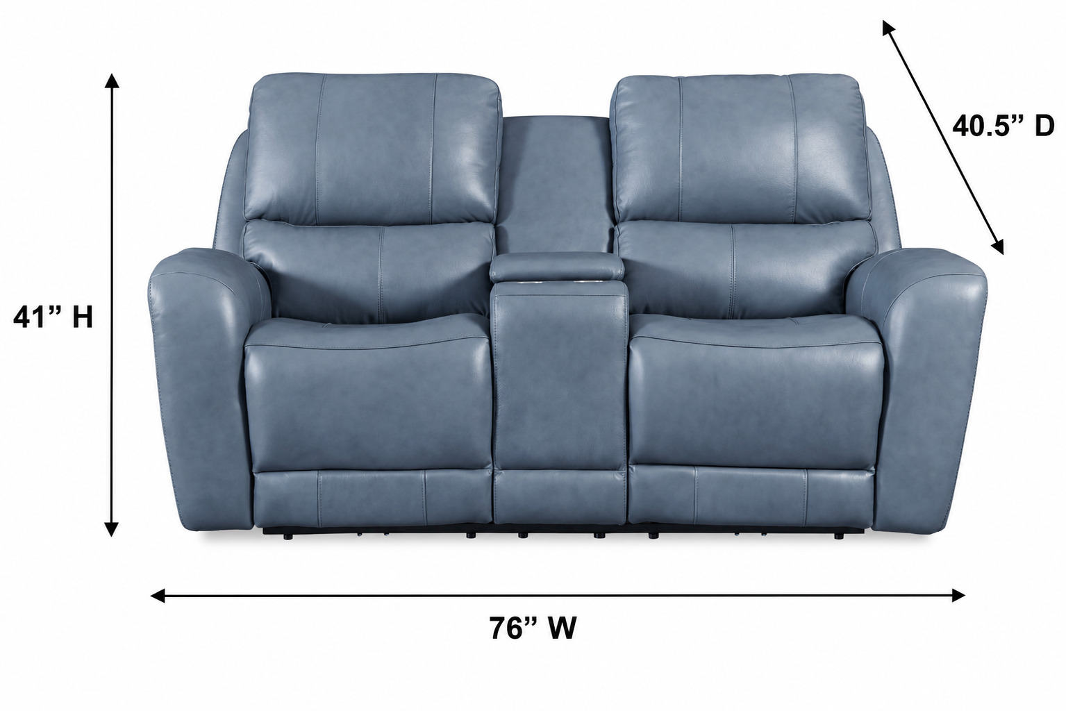 Bel Air Persian Blue Leather 76" Lay Flat Power Reclining Console Loveseat with Power Headrest and USB Charging