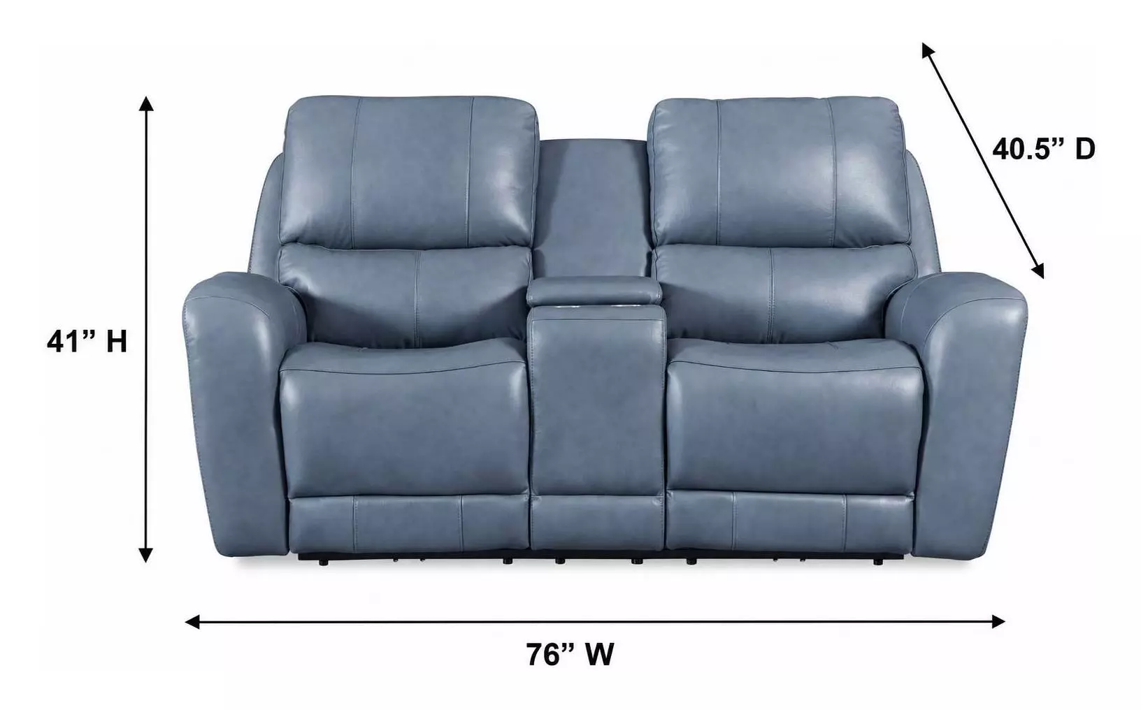 BelleAvenue Persian Blue Leather 76" Lay Flat Power Reclining Console Loveseat with Power Headrest and USB Charging