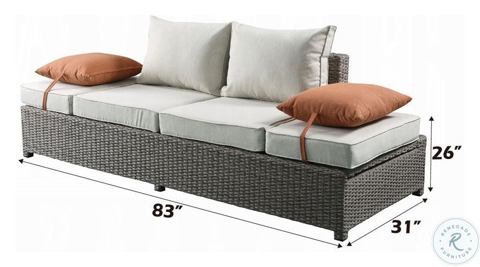 Salena Beige Fabric and Gray Wicker Patio 83" Sofa with 2 Pillows and Rectangular Ottoman