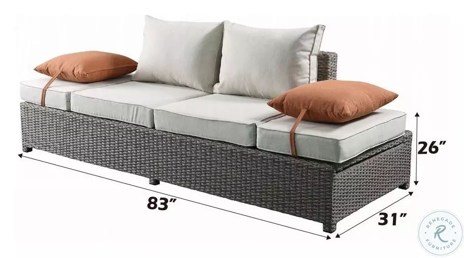 Salena Beige Fabric and Gray Wicker Patio 83" Sofa with 2 Pillows and Rectangular Ottoman