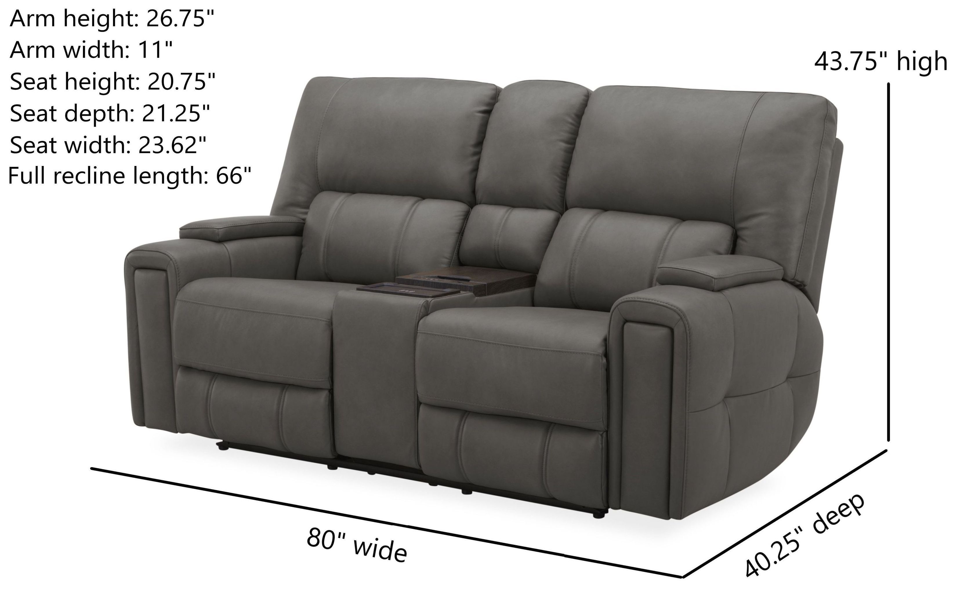 Hudson Coal Leather Power Reclining Console Loveseat with Power Headrest and Lumbar