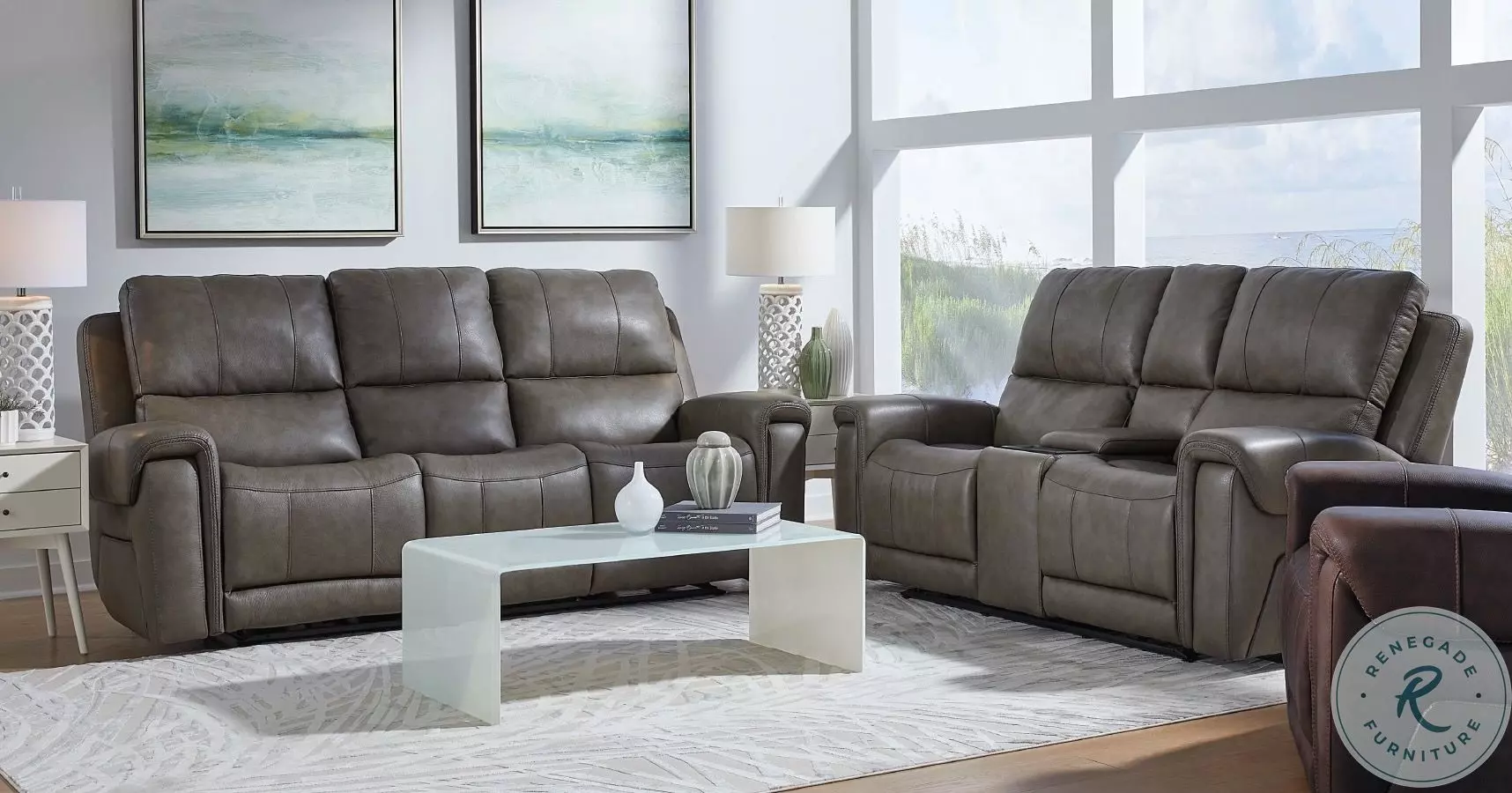 Burton Reno Charcoal Leather Power Reclining Living Room Set with