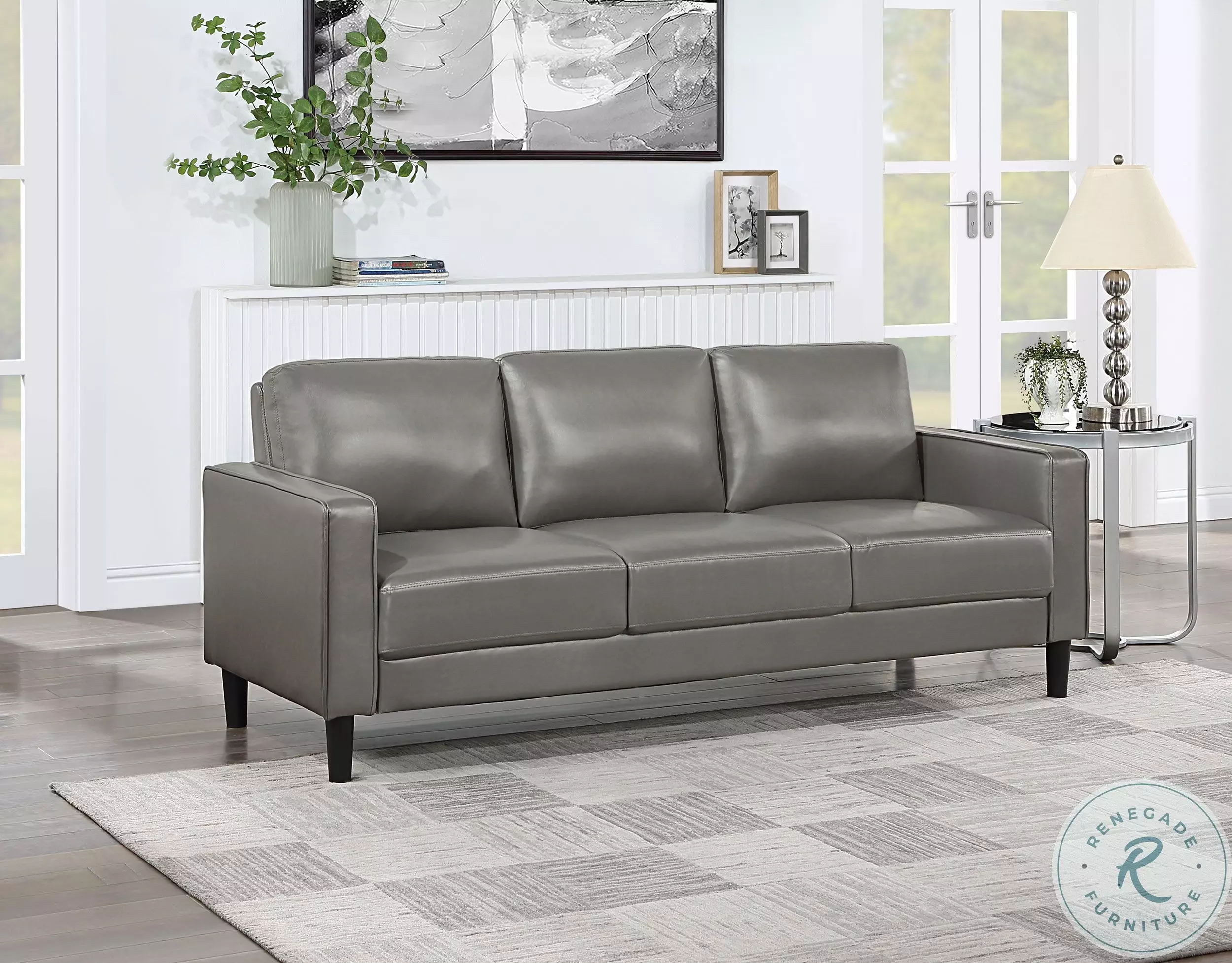 Ruth Gray Track Arm Faux Leather Sofa From Coaster Furniture
