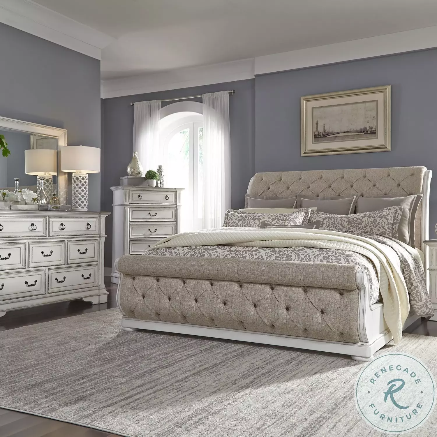 Abbey Park Antique White Upholstered Sleigh Bedroom Set from