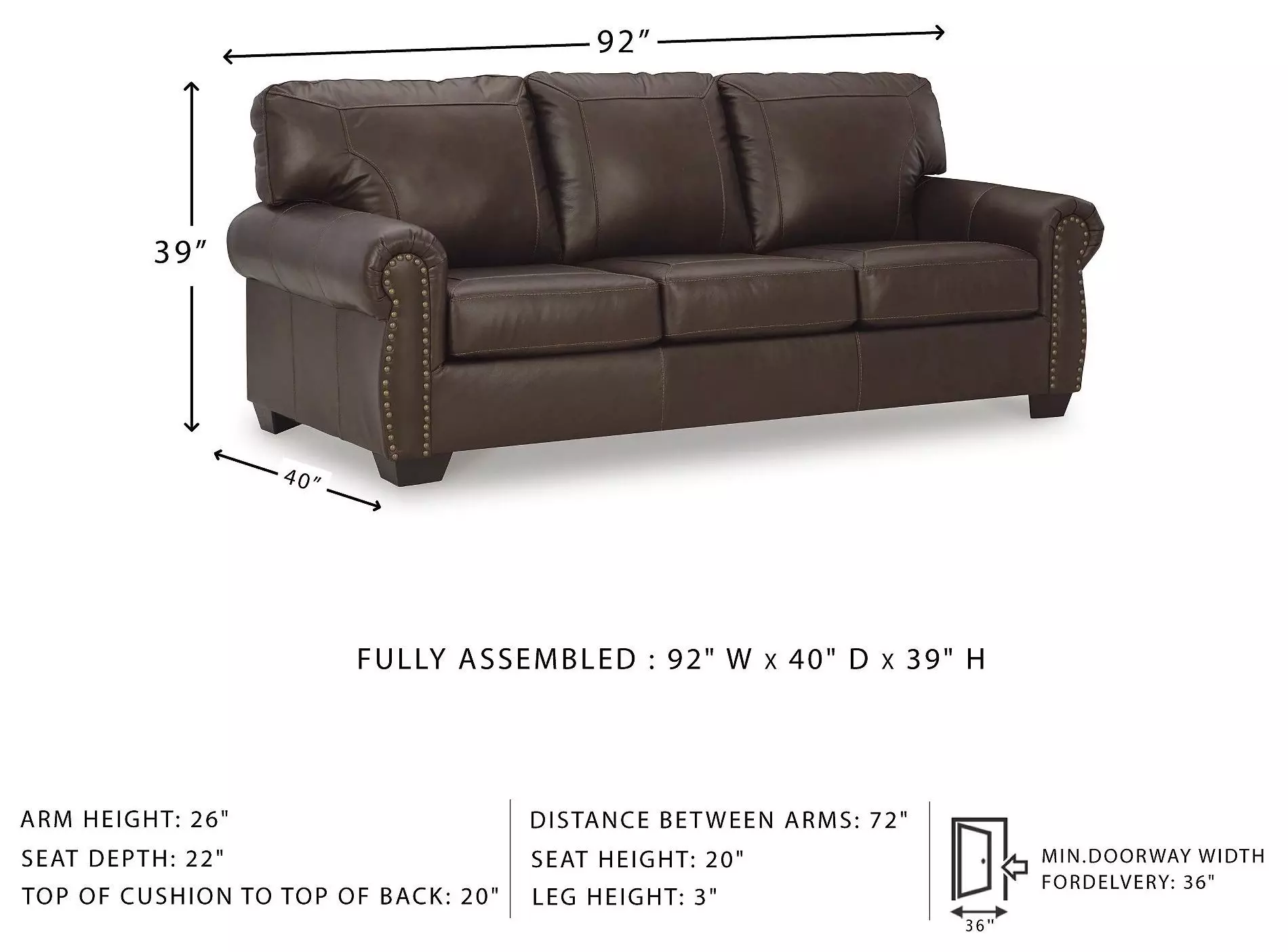 Colleton Dark Brown 92" Sofa
