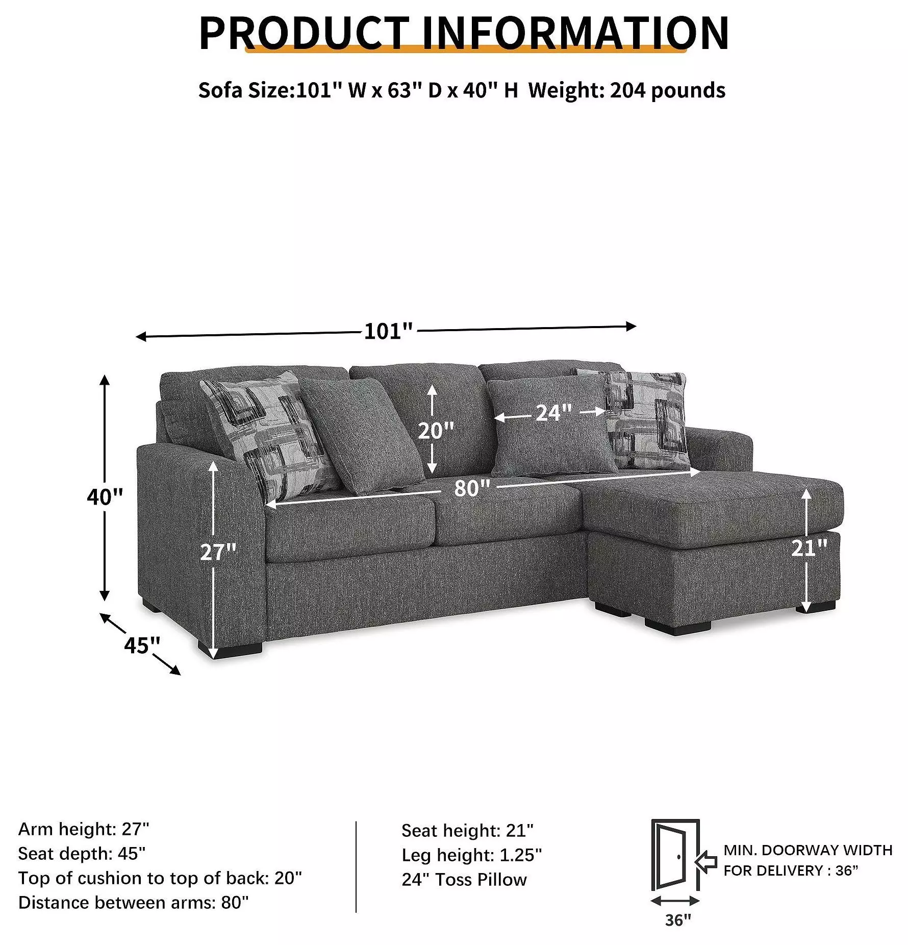 Gardiner Pewter 101" Sofa Chaise