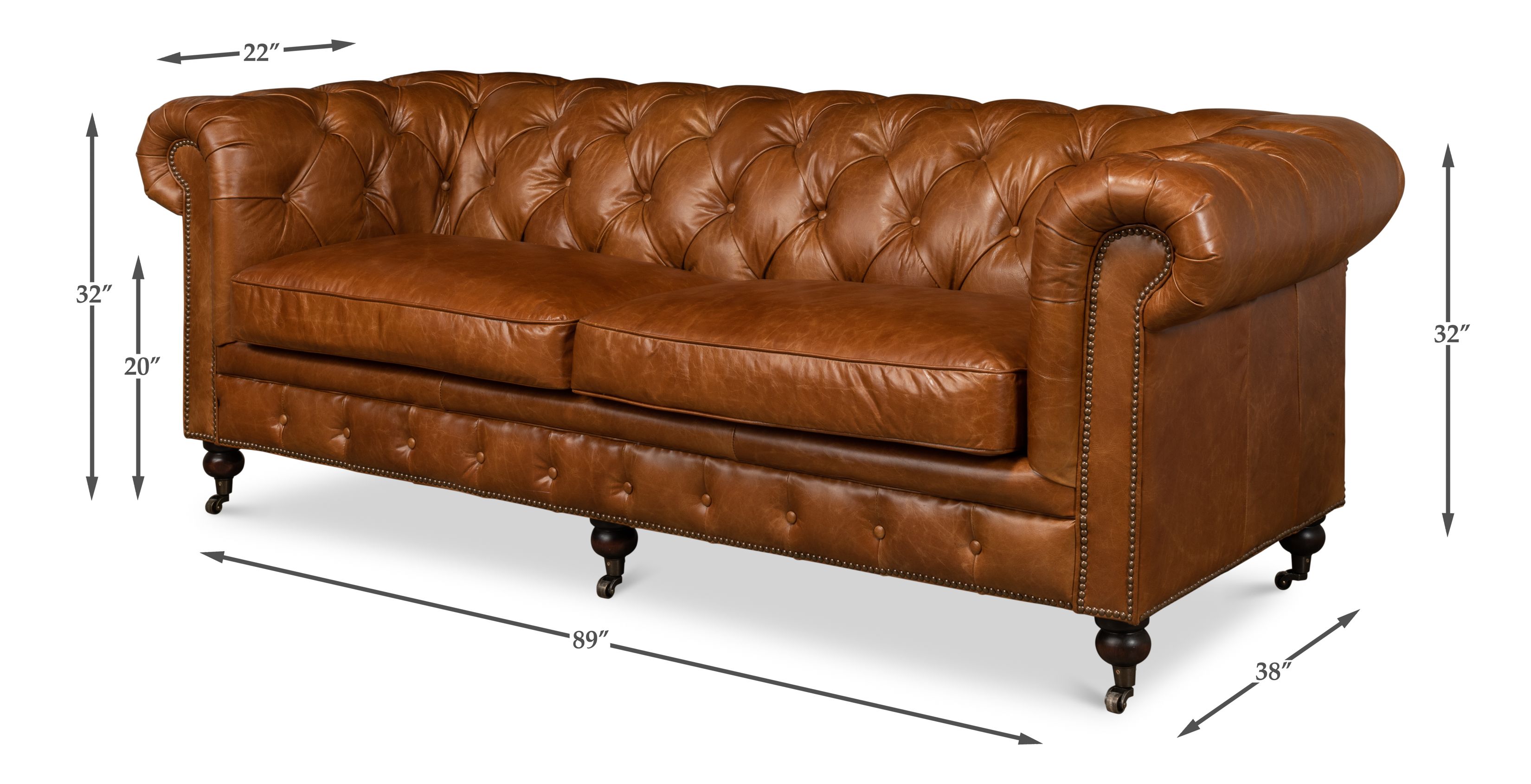 English Cuba Brown Tufted Club 89" Sofa